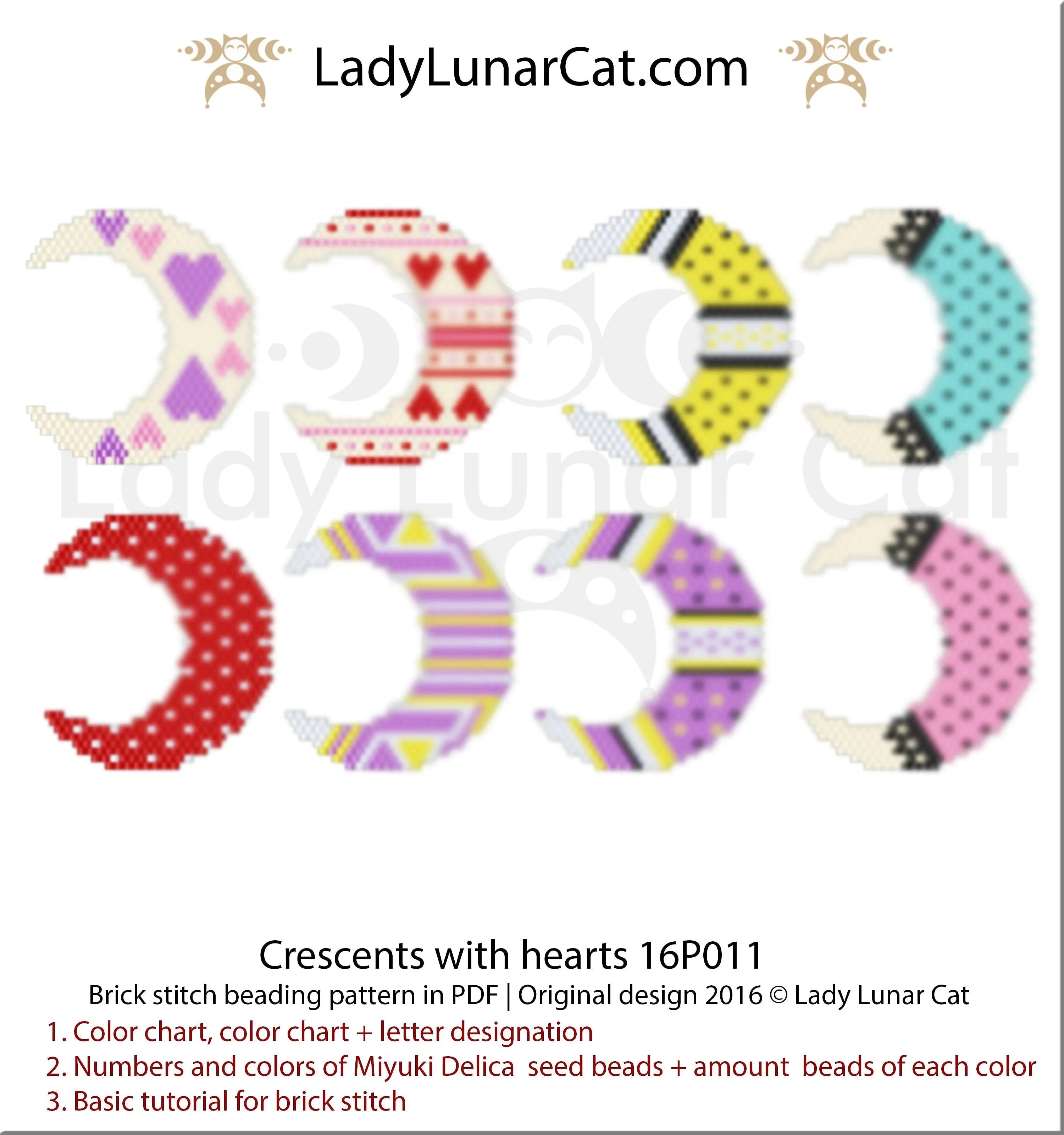 Crescent hearts earrings 8 designs — Valentine's Day celestial quick make brick stitch beading LadyLunarCat