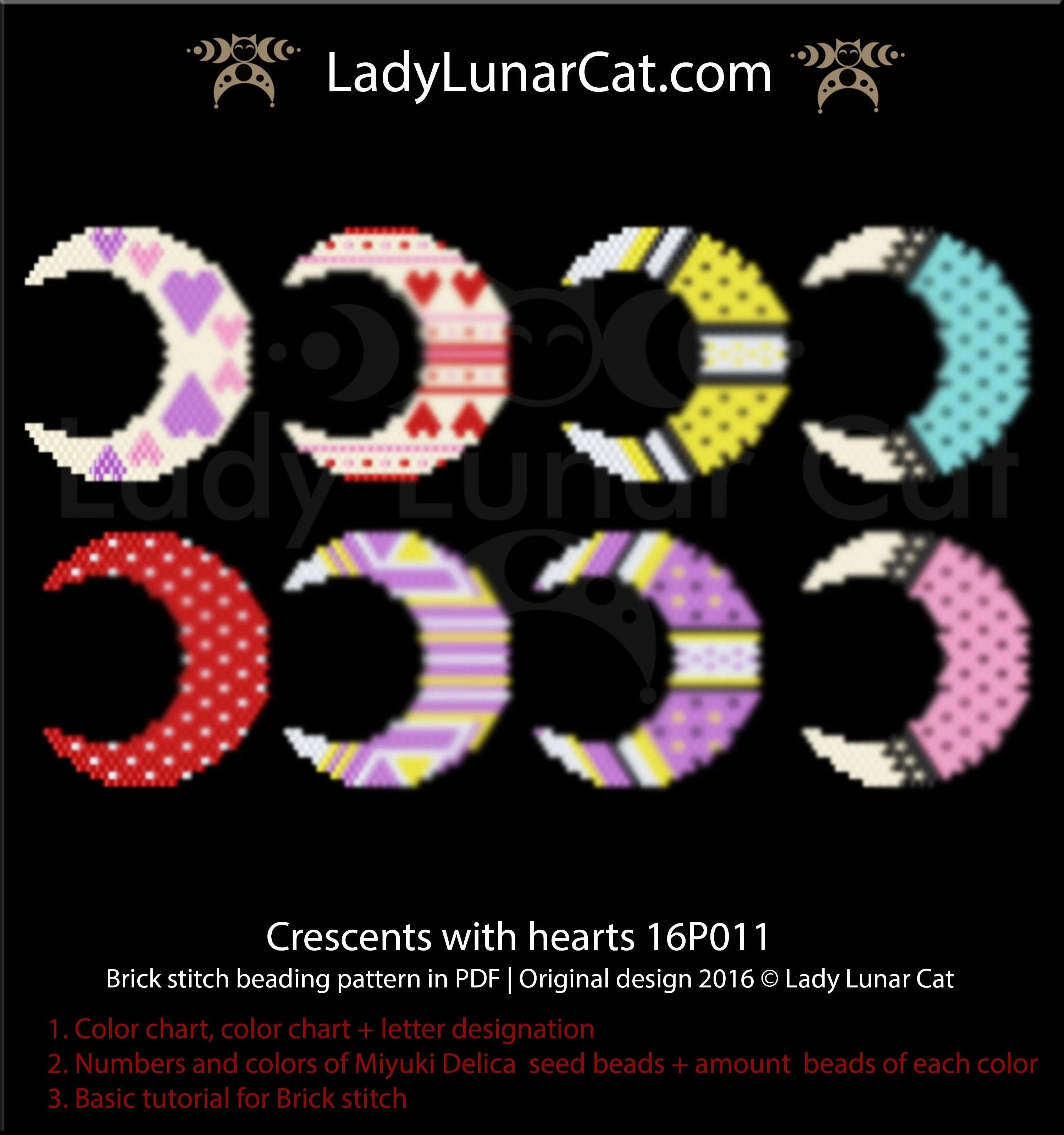 Crescent hearts brick stitch earrings by Lady Lunar Cat — 8 designs Valentine's Day celestial beading PDF 16P011