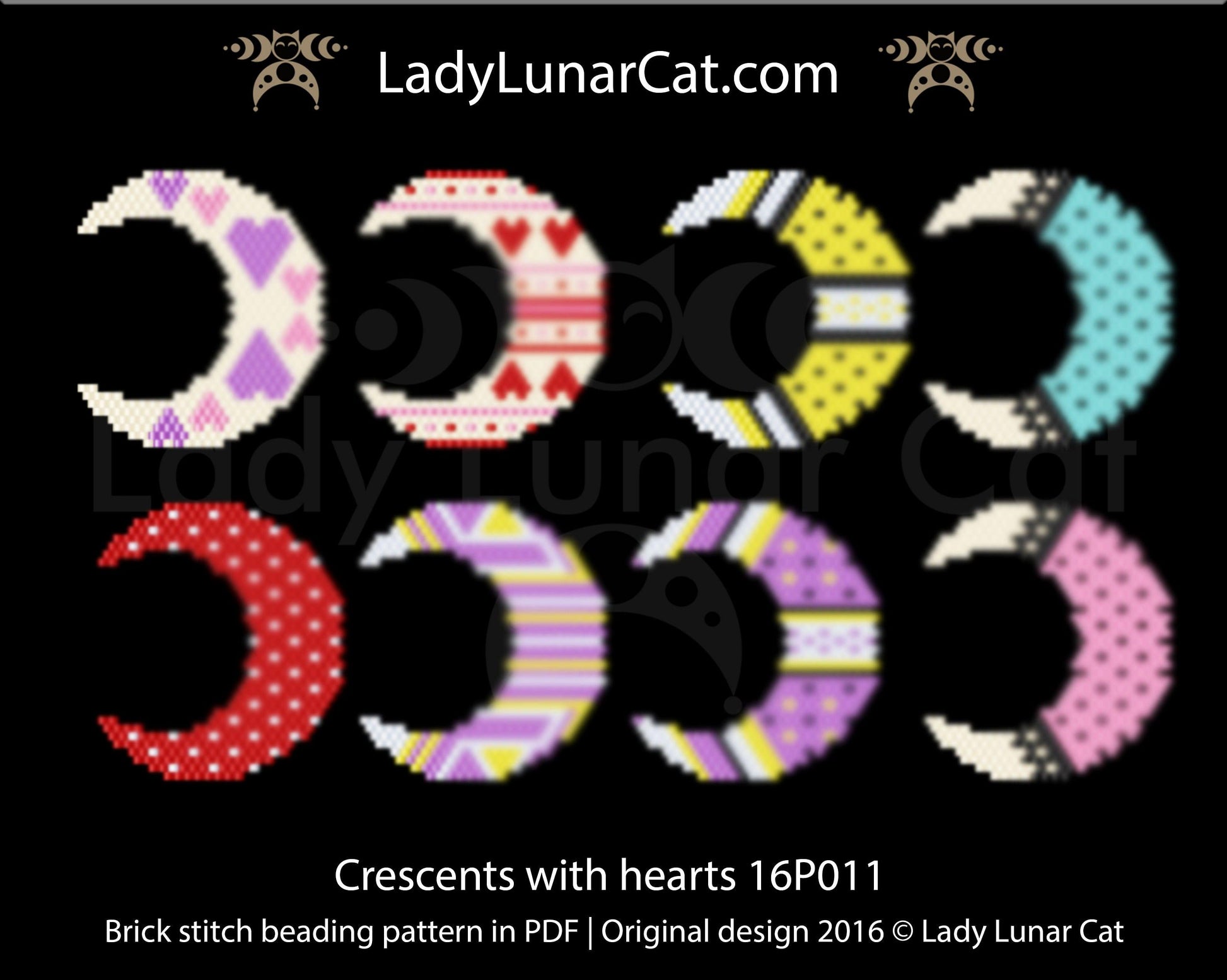 Brick stitch pattern for beading Valentines day Crescents with hearts 16P011 LadyLunarCat