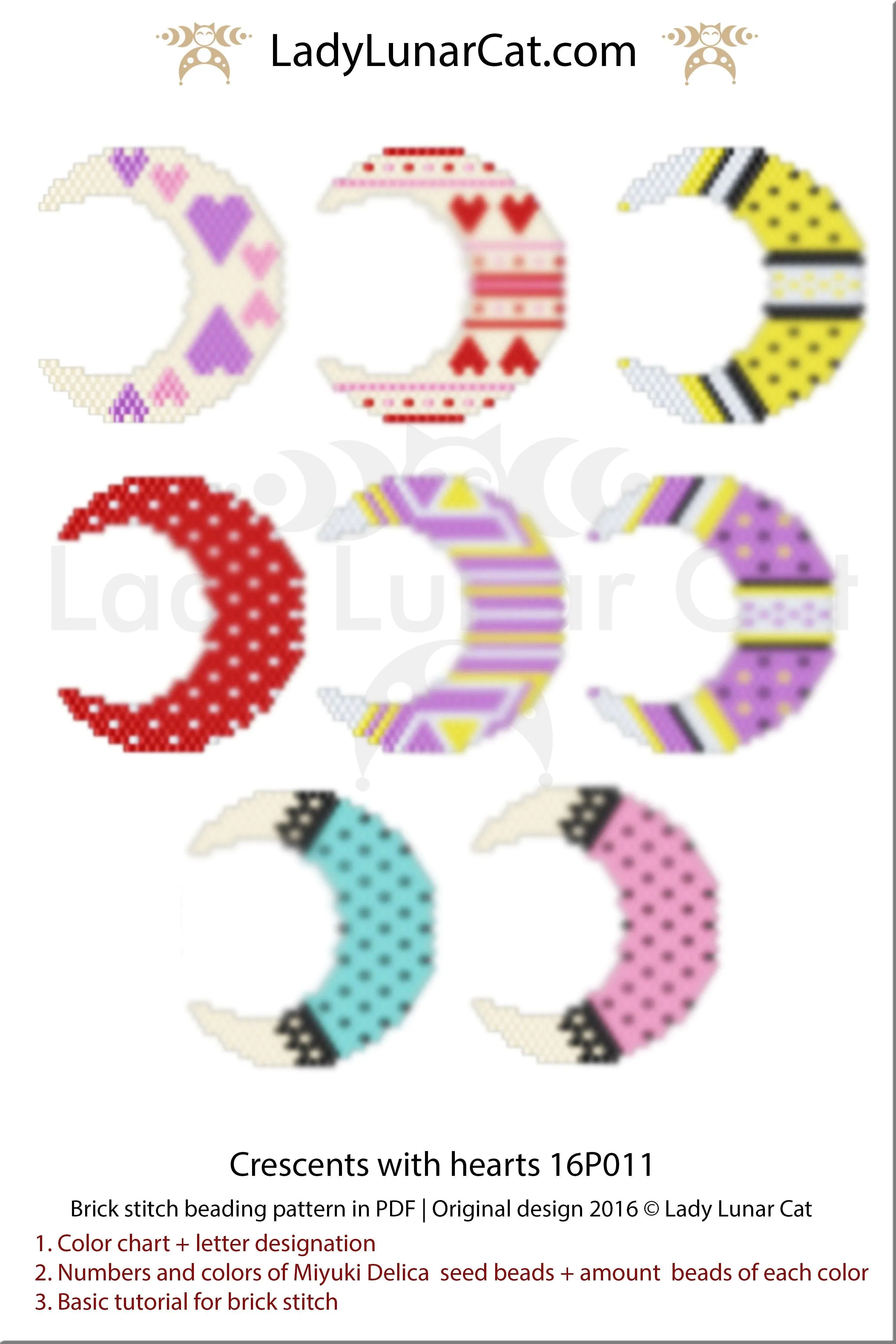 Brick stitch crescent hearts earrings — 8 designs Valentine's Day celestial instant download LadyLunarCat