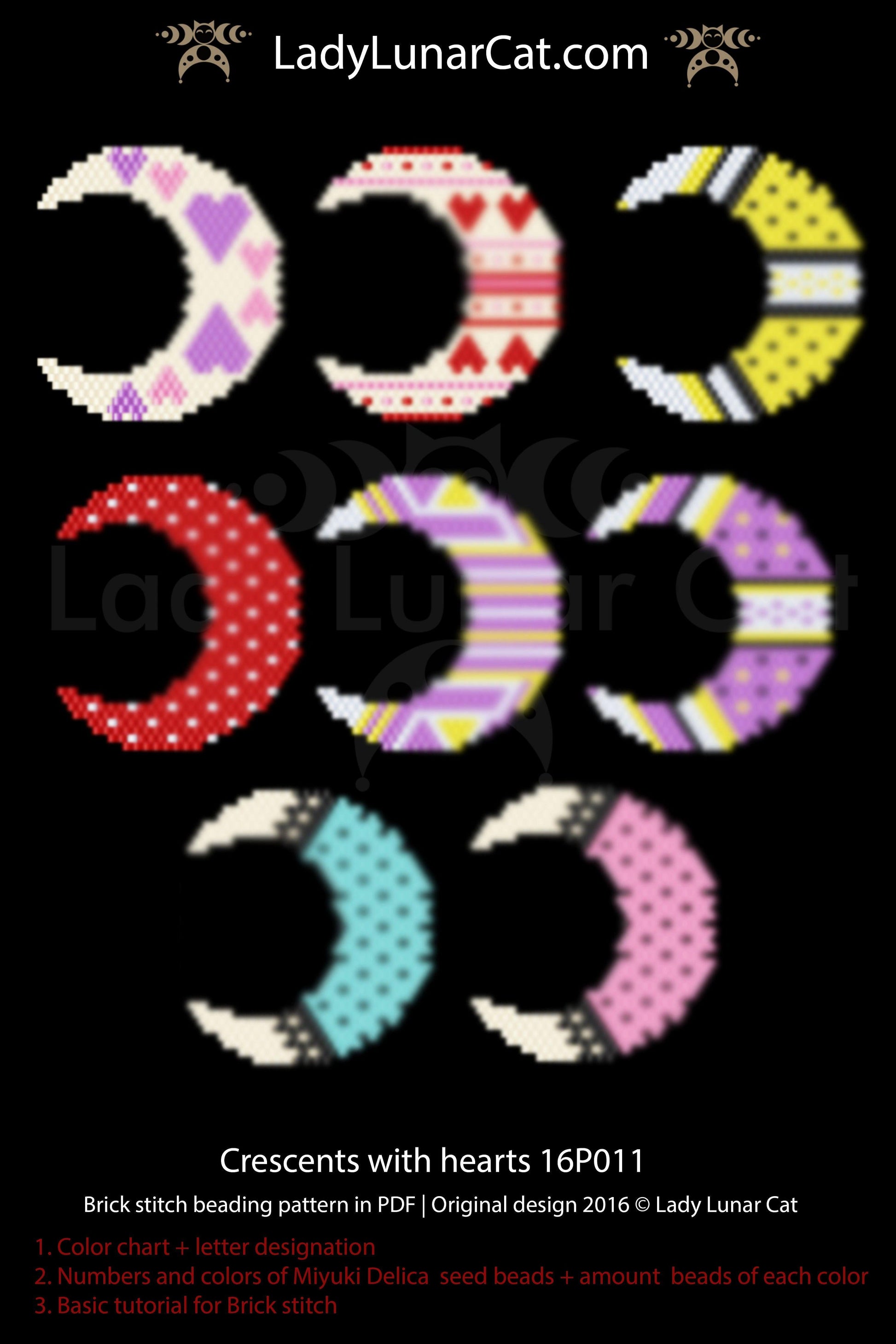 Brick stitch pattern for beading Valentines day Crescents with hearts 16P011 LadyLunarCat