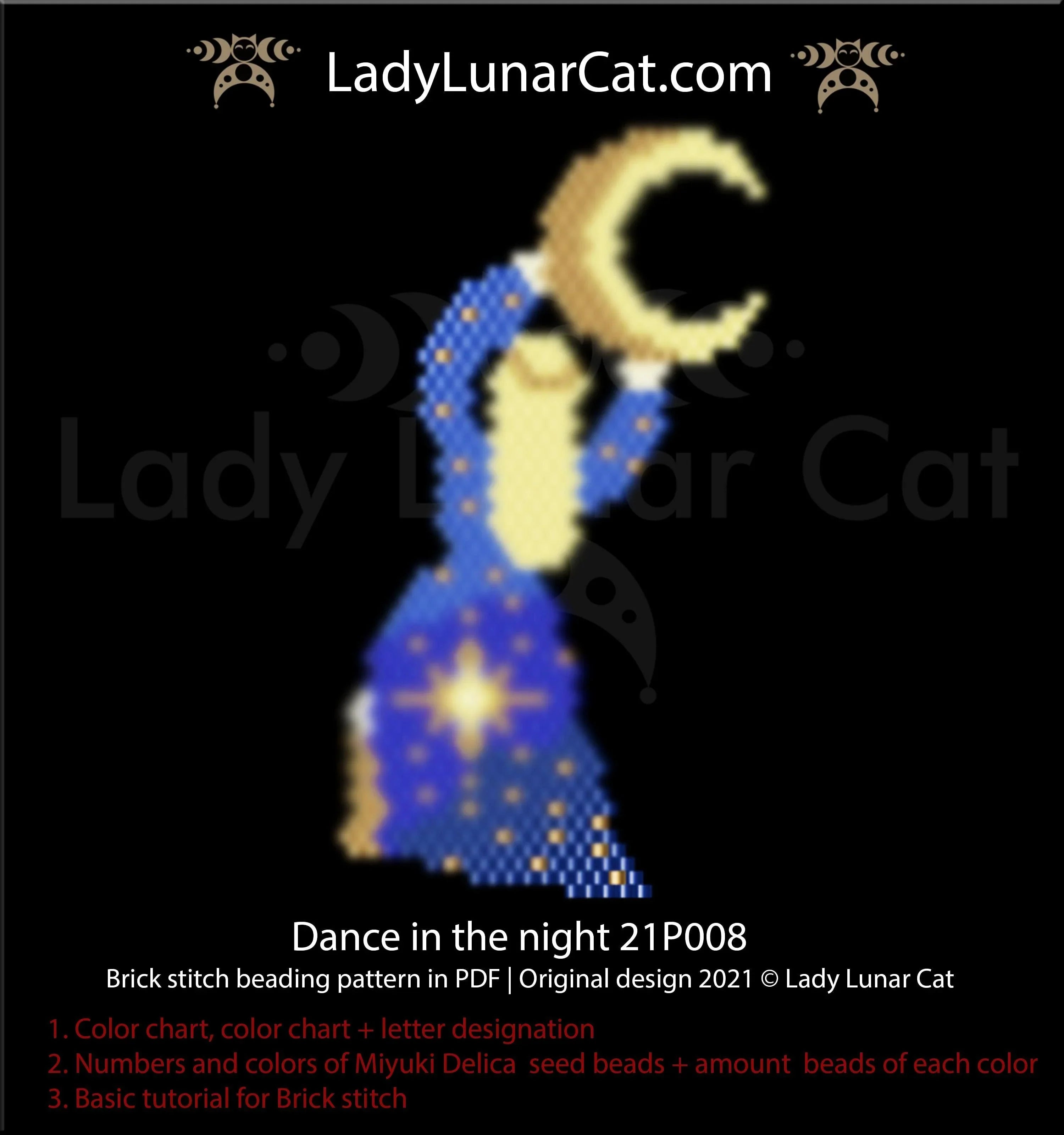 Dance in the night brick stitch earrings PDF by Lady Lunar Cat — moon stars 21P008
