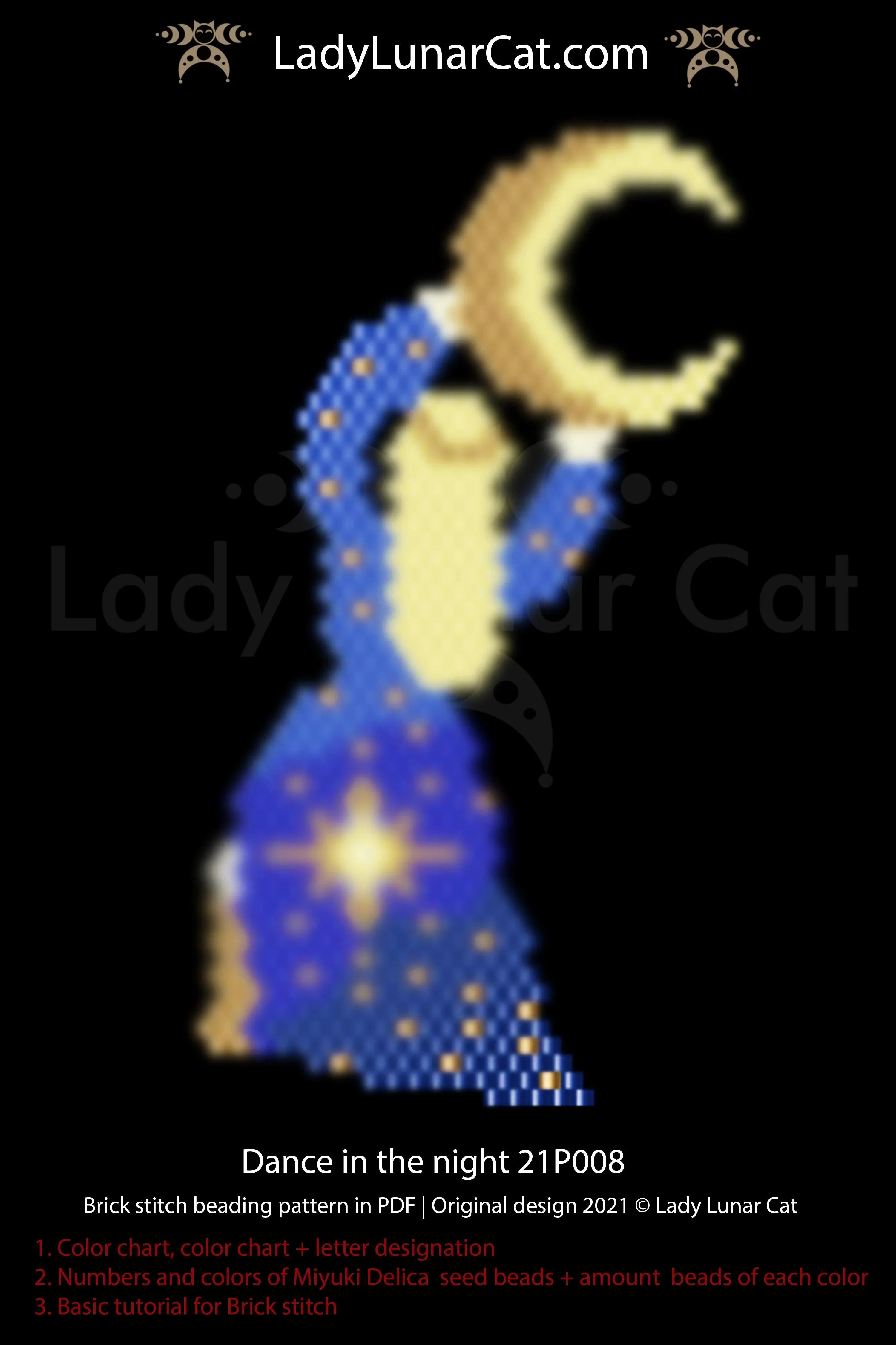 Beaded moonlit night earrings — brick stitch tutorial PDF for all levels
Dance in the night earrings beading pattern preview — 6 colors, graph paper included