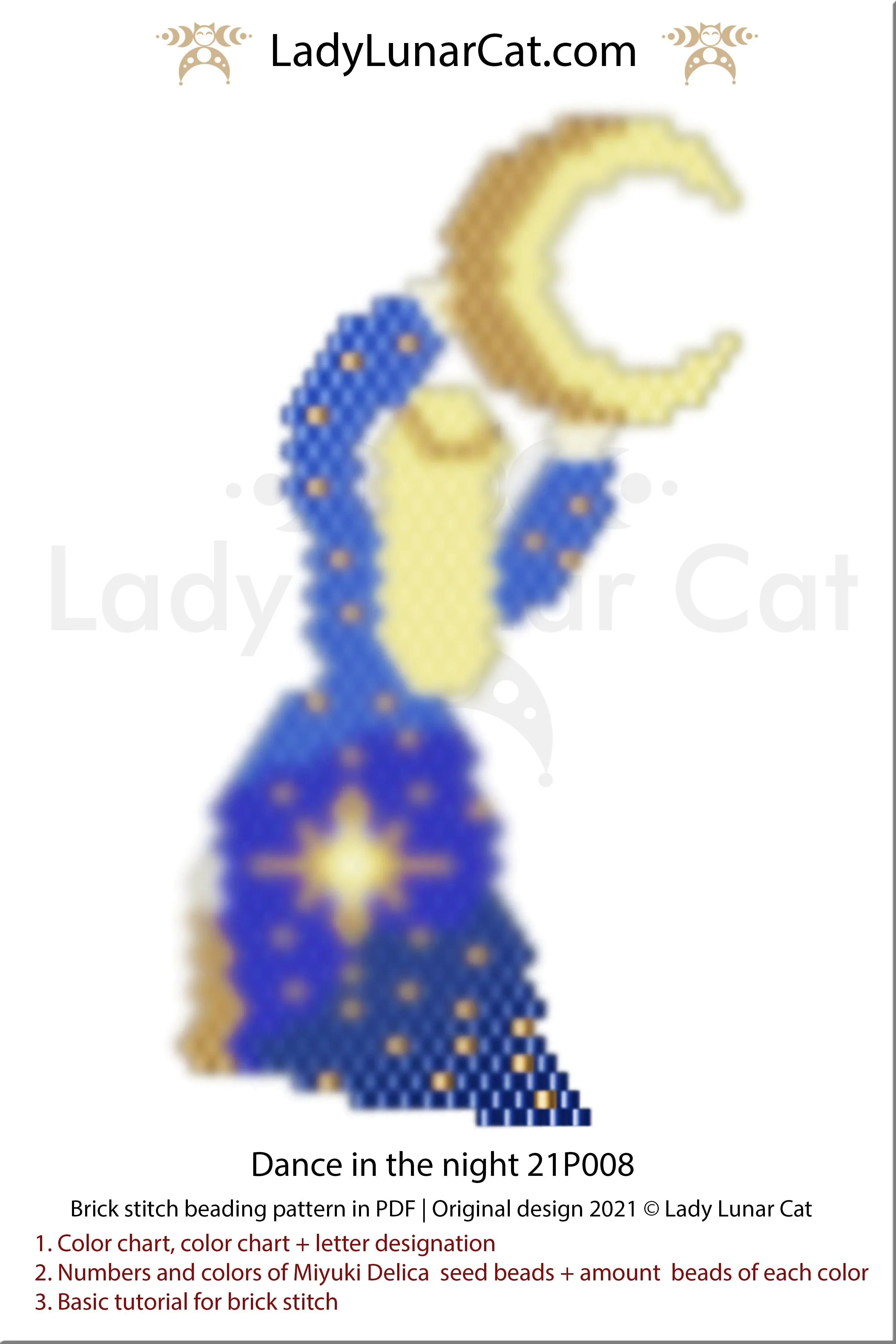 Brick stitch dance in the night earrings — 7-page PDF, moon stars magic, instant download
