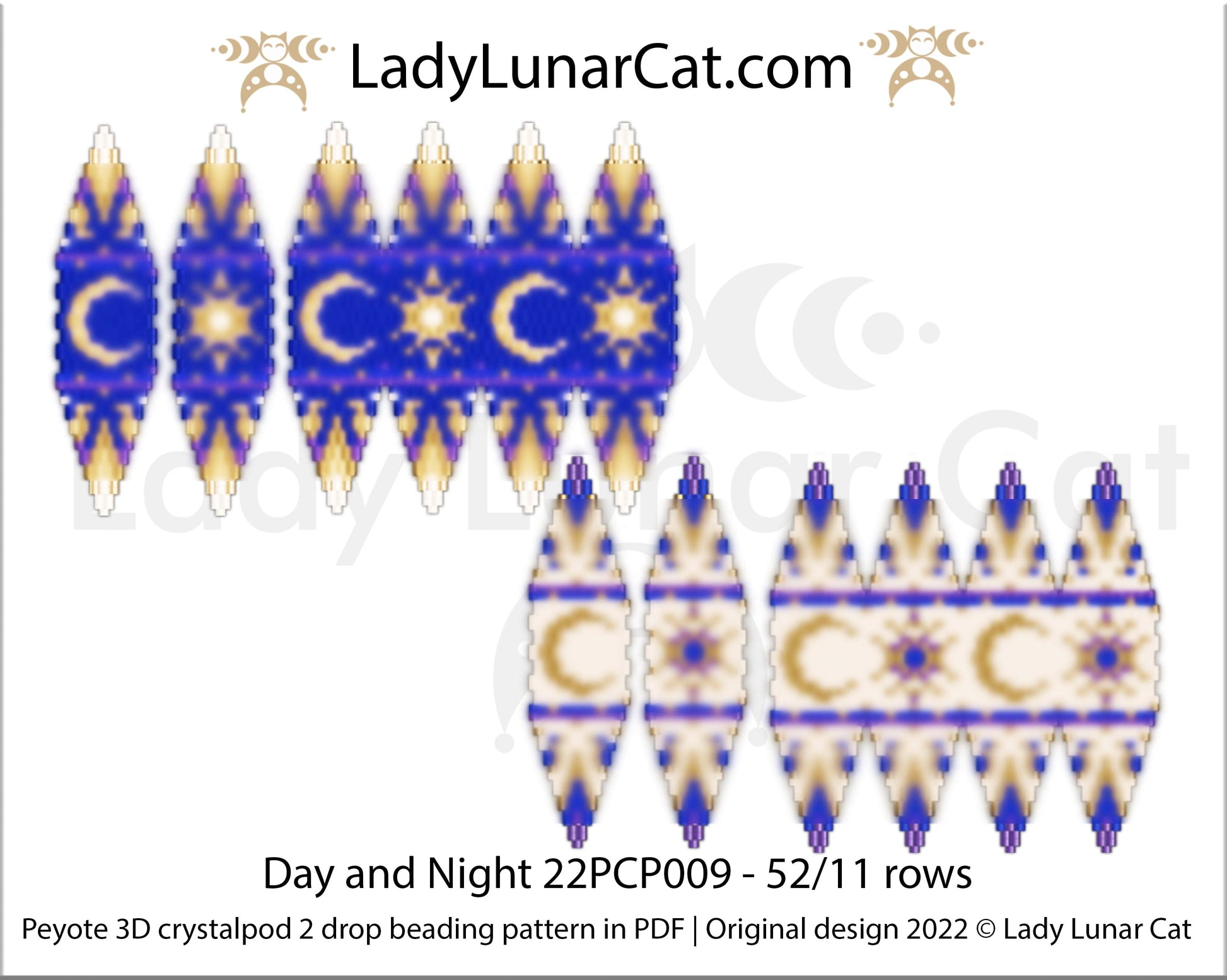 Peyote 2drop pod pattern or crystalpod pattern for beading Day and Night 22PCP009 LadyLunarCat