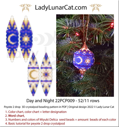 Peyote 2drop pod pattern or crystalpod pattern for beading Day and Night 22PCP009 LadyLunarCat
