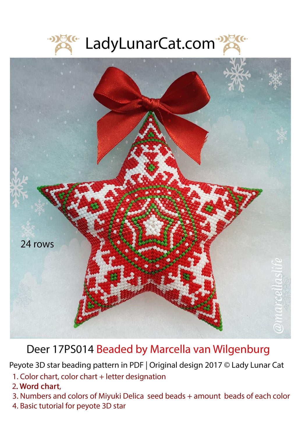 Peyote star patterns for beading Christmas ornaments with Northern deer 17PS014 LadyLunarCat