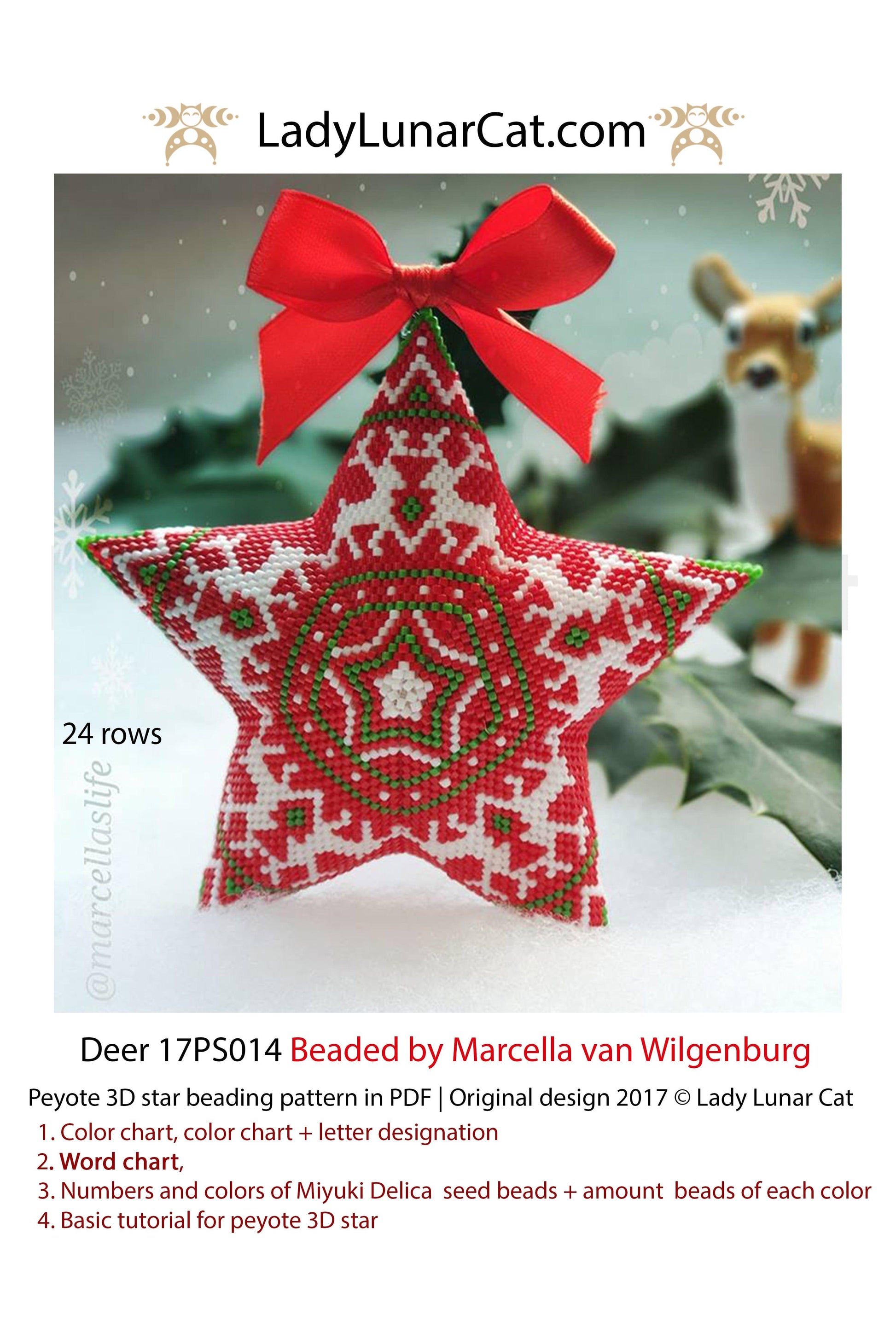 Peyote star patterns for beading Christmas ornaments with Northern deer 17PS014 LadyLunarCat