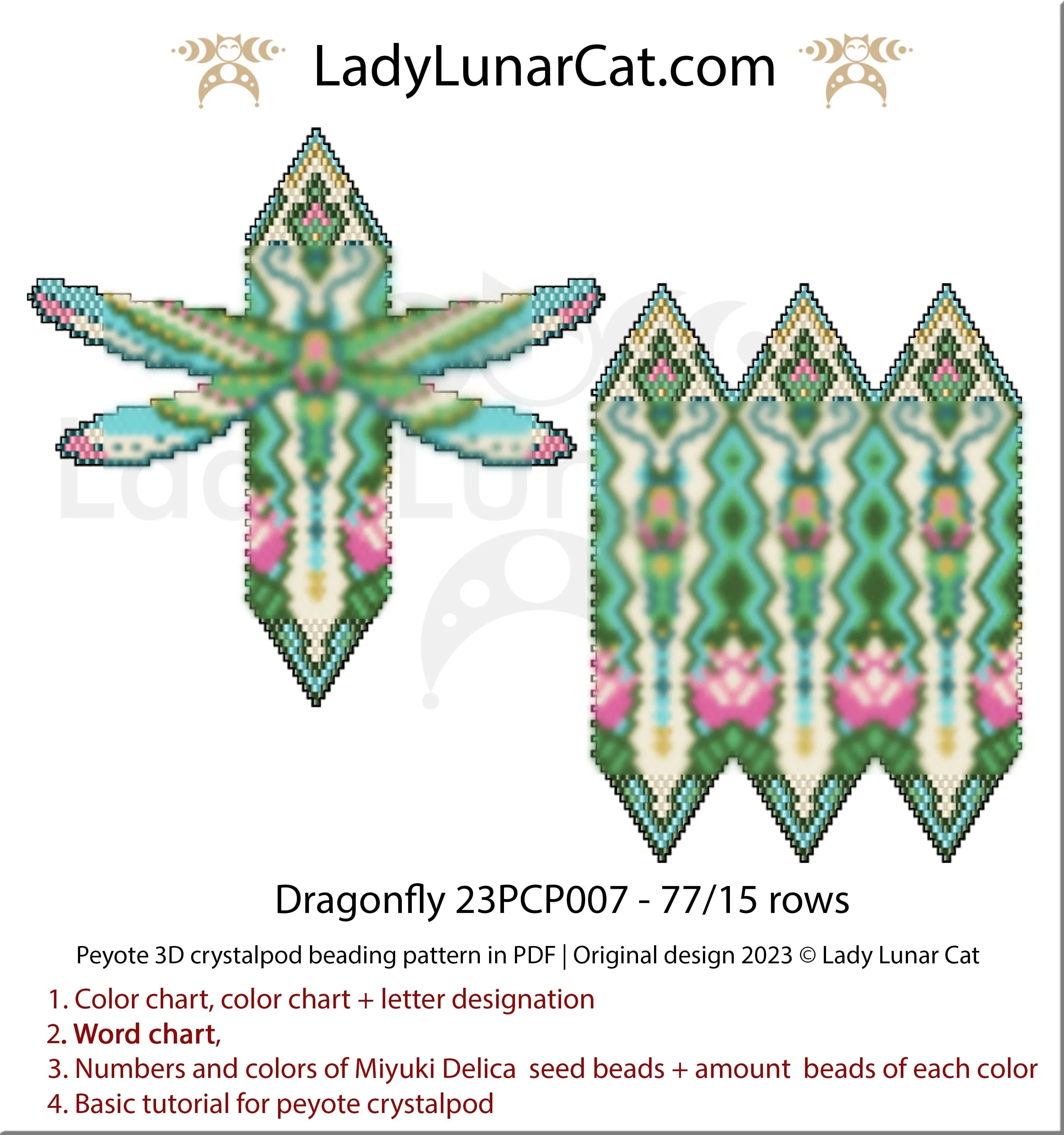 Dragonfly beaded crystalpod full view - 3-drop peyote brick stitch wings LadyLunarCat