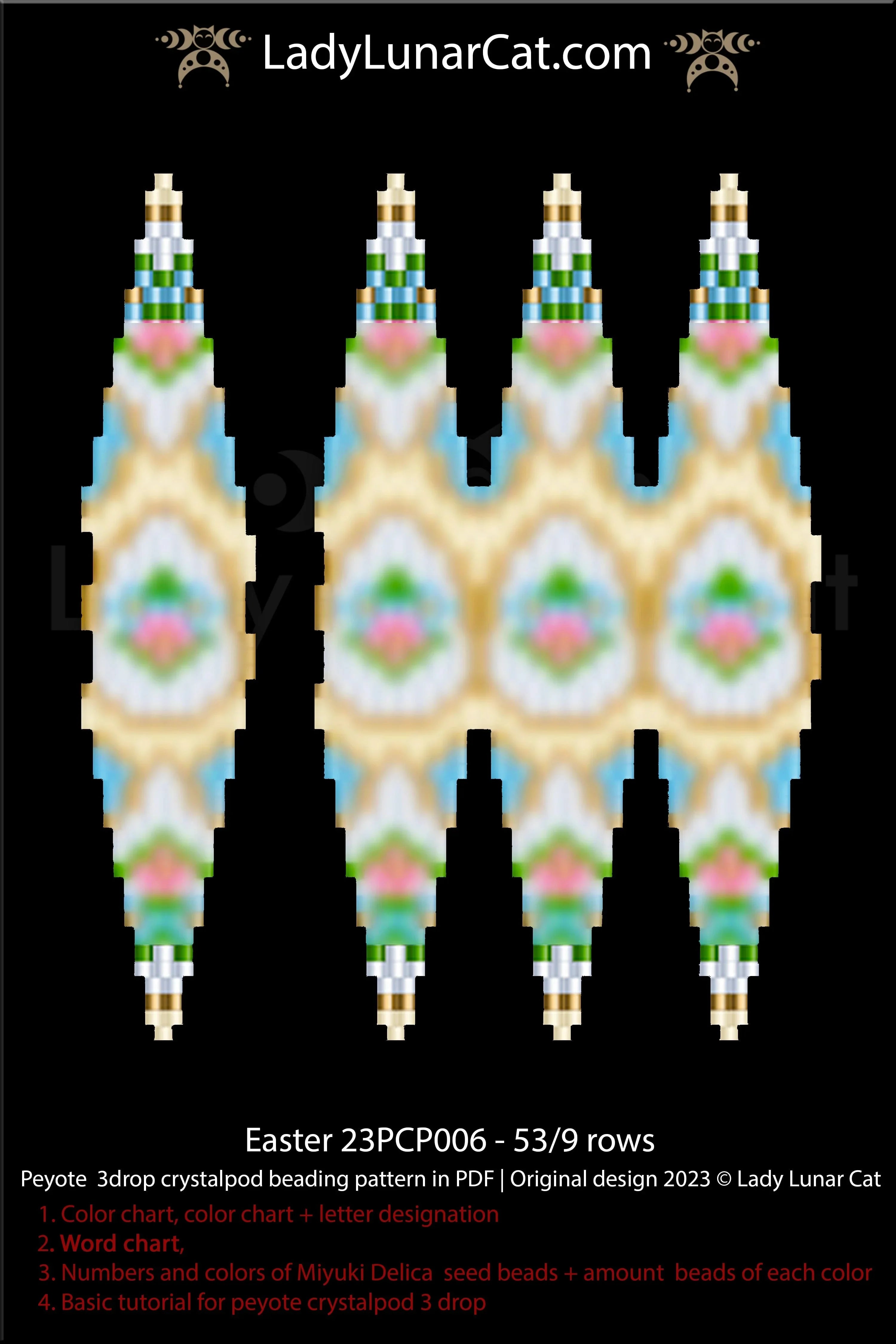 3-drop peyote crystalpod Easter — 53-bead pod, 6 colors, instant download