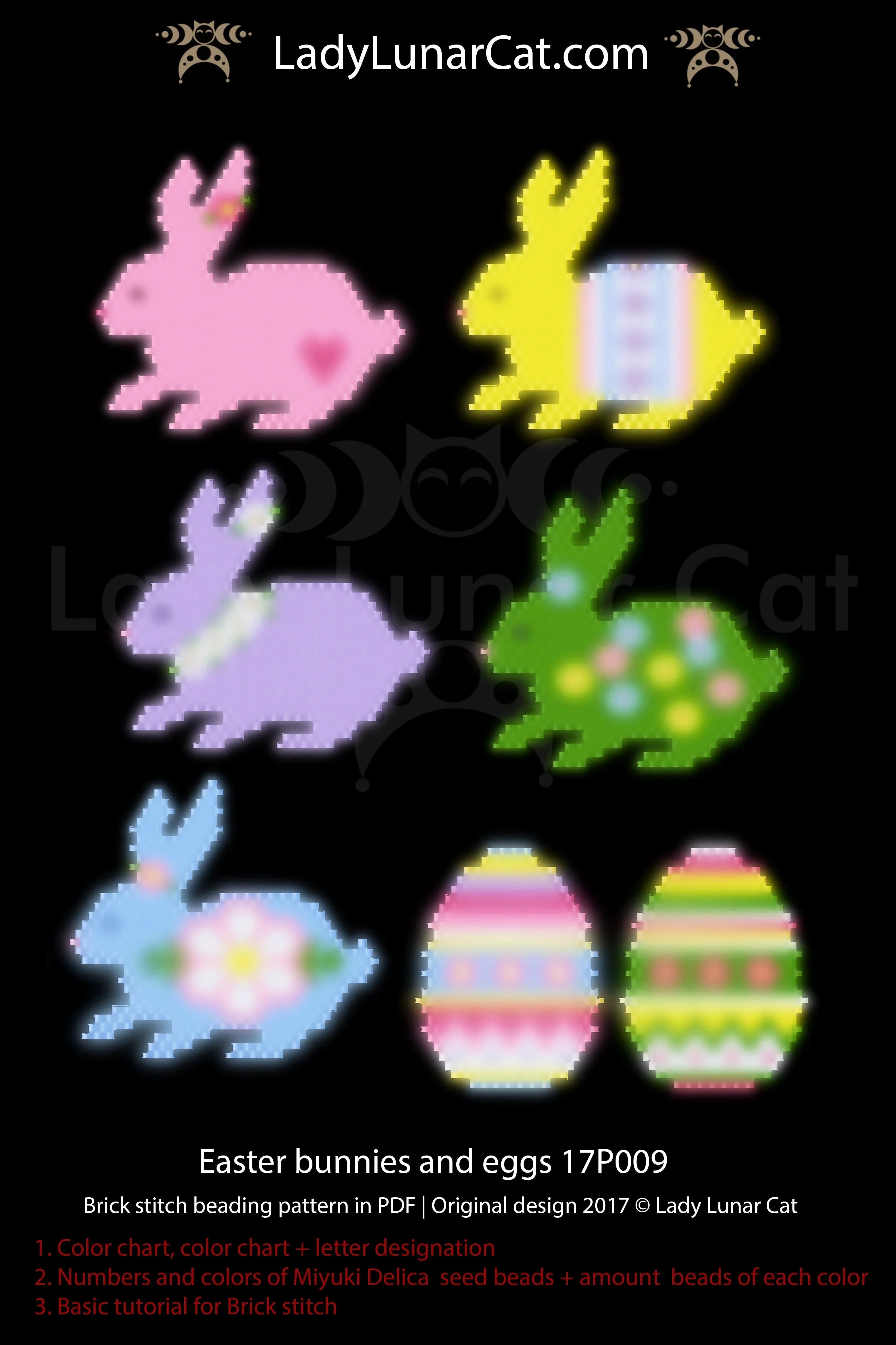 Easter Bunnies Eggs pattern chart - 7 motifs bead legend 23 pages PDF LadyLunarCat