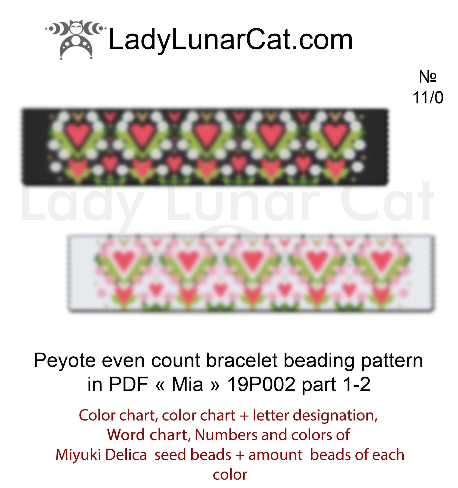 Mia peyote bracelet version 2 - heart motif spring valentine gift instant download LadyLunarCat