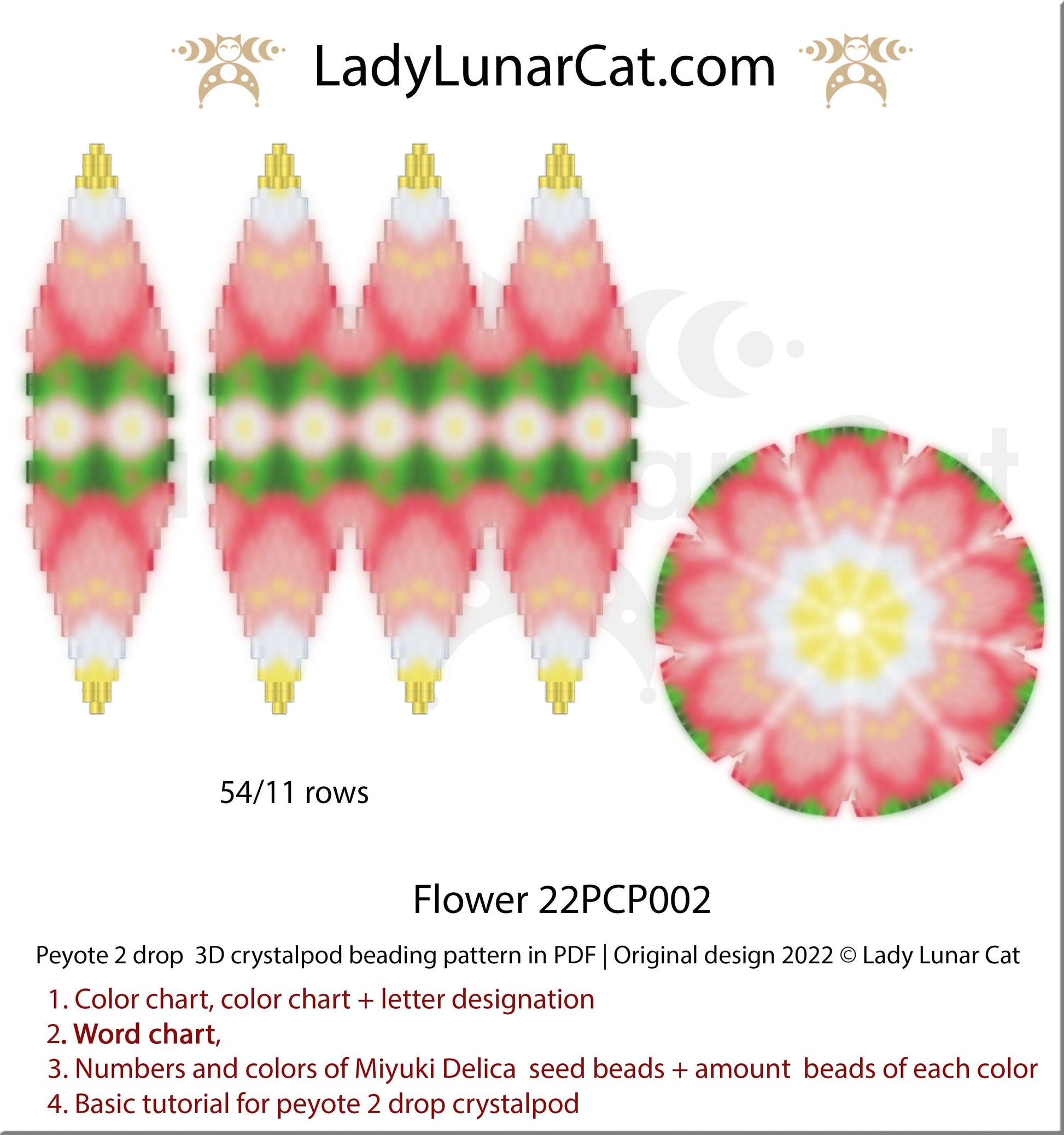 Peyote 2drop pod pattern or crystalpod pattern for beading  Flower 22PCP002 LadyLunarCat