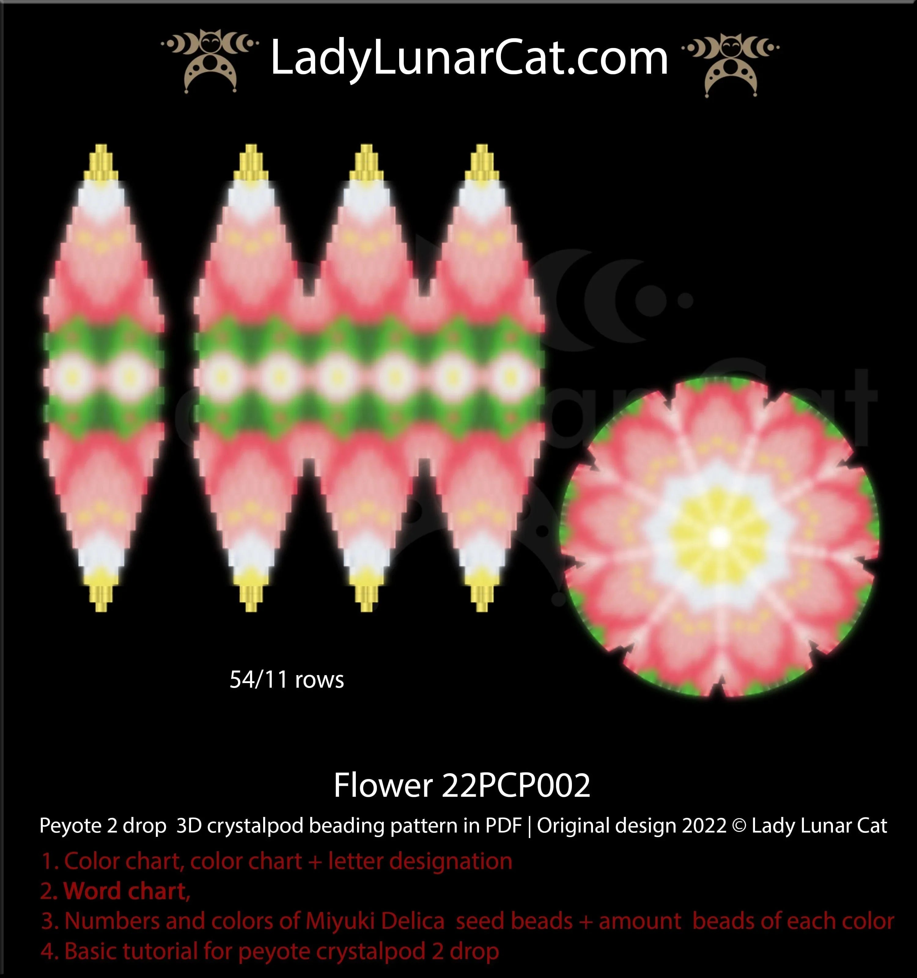 2-drop peyote crystalpod flower — 54-bead pod, cascading petals, instant download