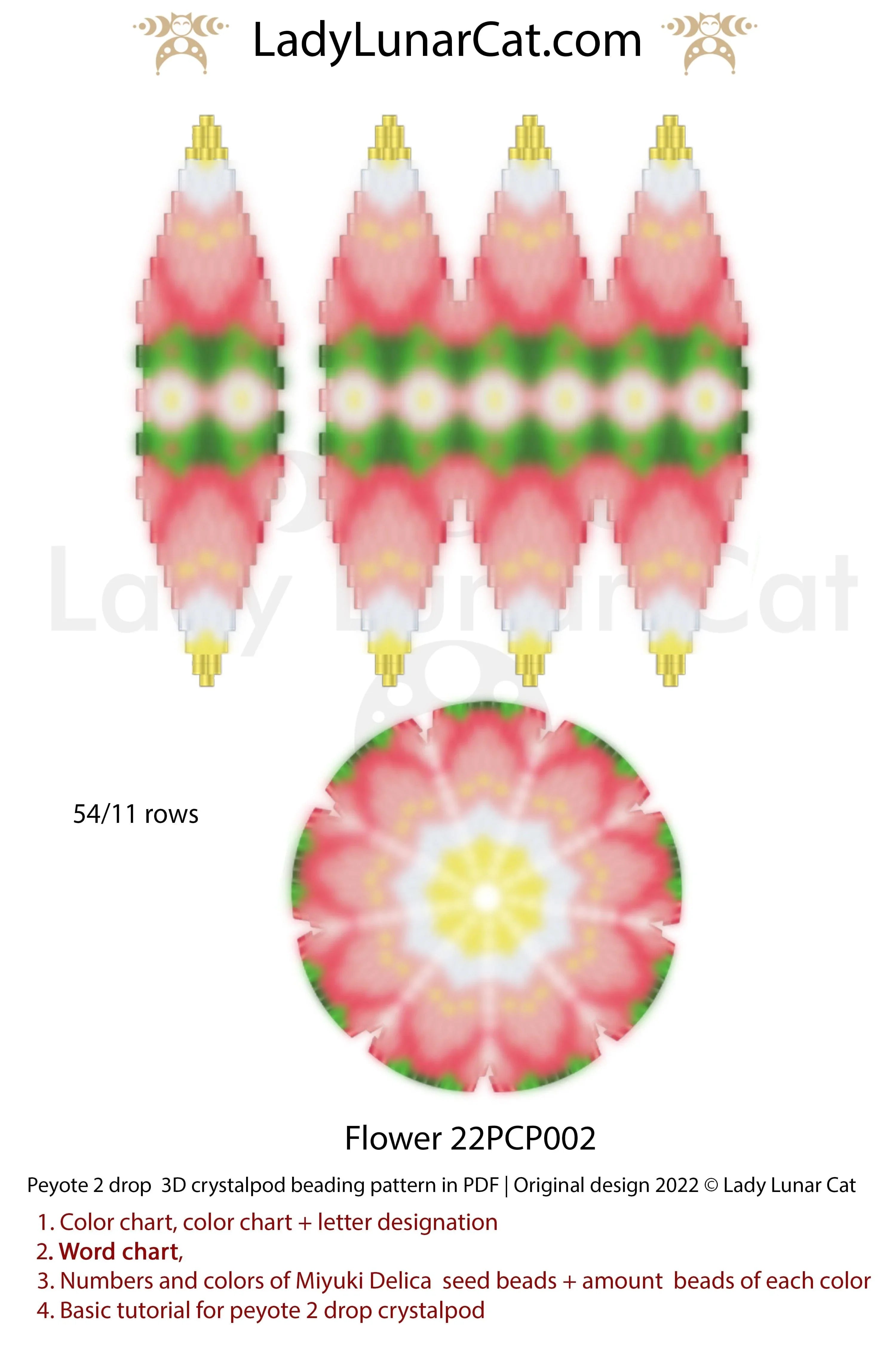 Lady Lunar Cat 2-drop crystalpod flower — summer floral beading PDF 22PCP002