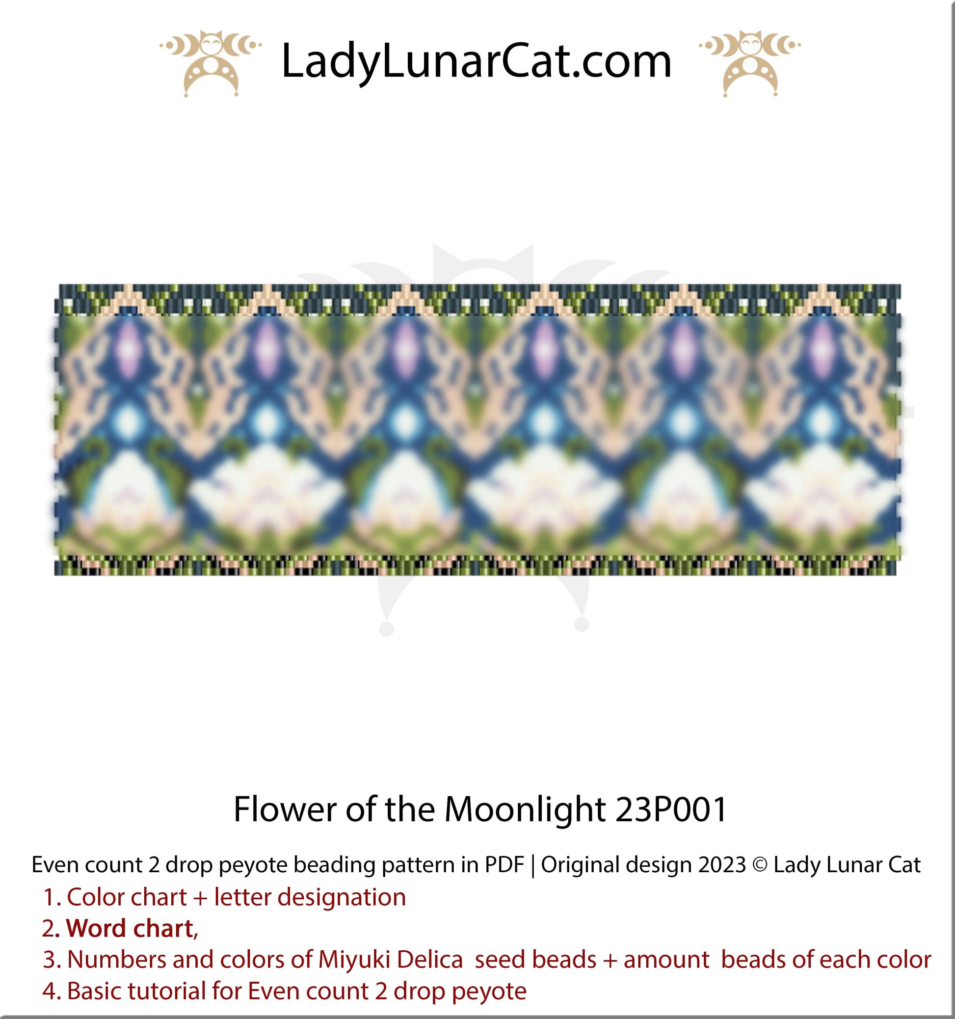 Peyote 2drop bracelet pattern for beading Flower of the Moonlight 23P001 LadyLunarCat