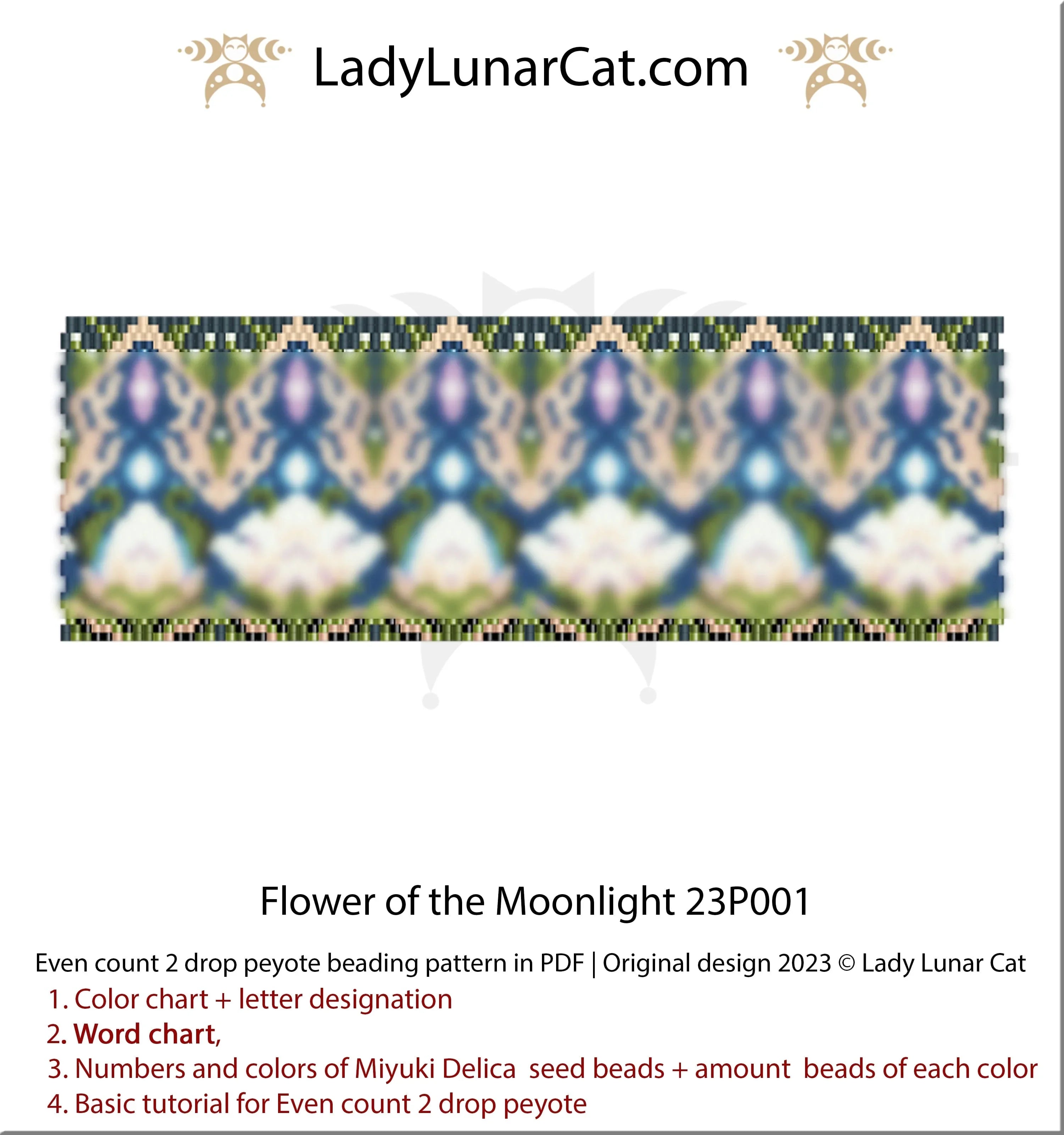 Flower of the Moonlight peyote cuff detail - 2-drop technique 11 colors close up LadyLunarCat