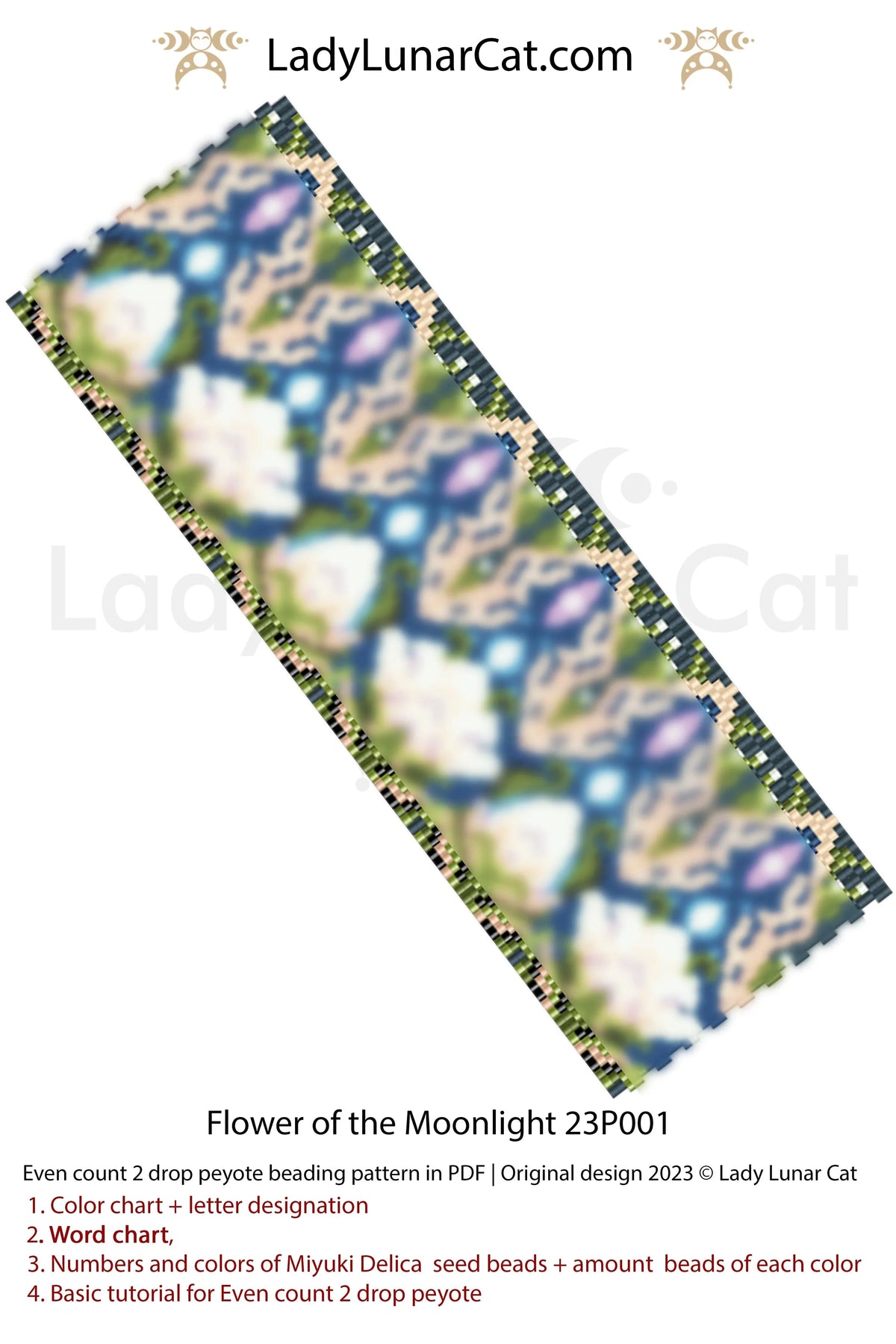 Flower of the Moonlight beaded bracelet full view - wide 40 beads floral cuff LadyLunarCat