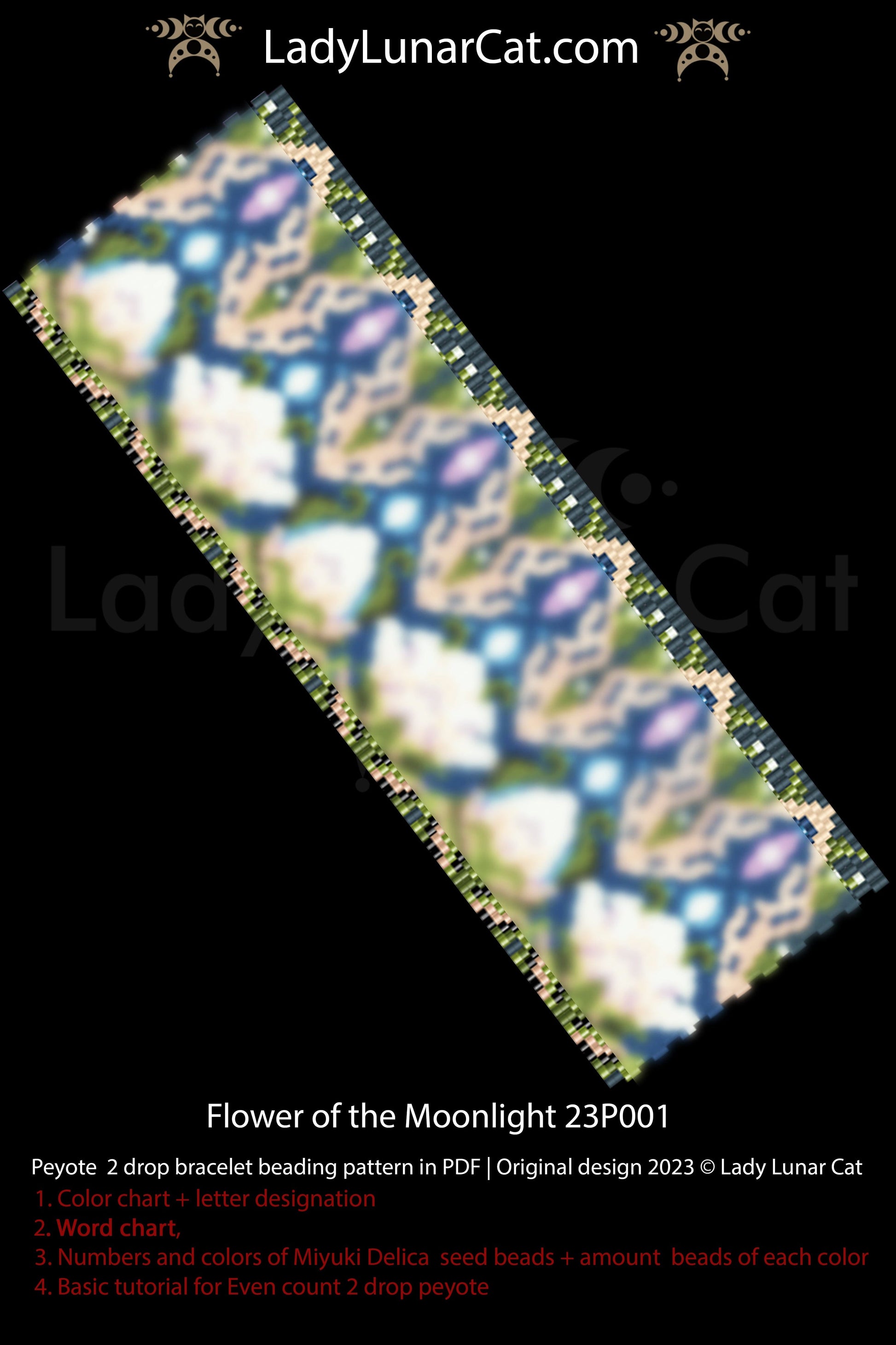 Peyote 2drop bracelet pattern for beading Flower of the Moonlight 23P001 LadyLunarCat