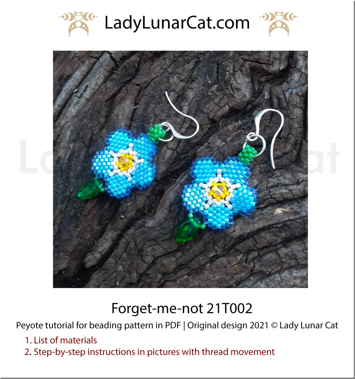 Forget-me-not peyote earring detail - delicate blue flower Miyuki Delica LadyLunarCat