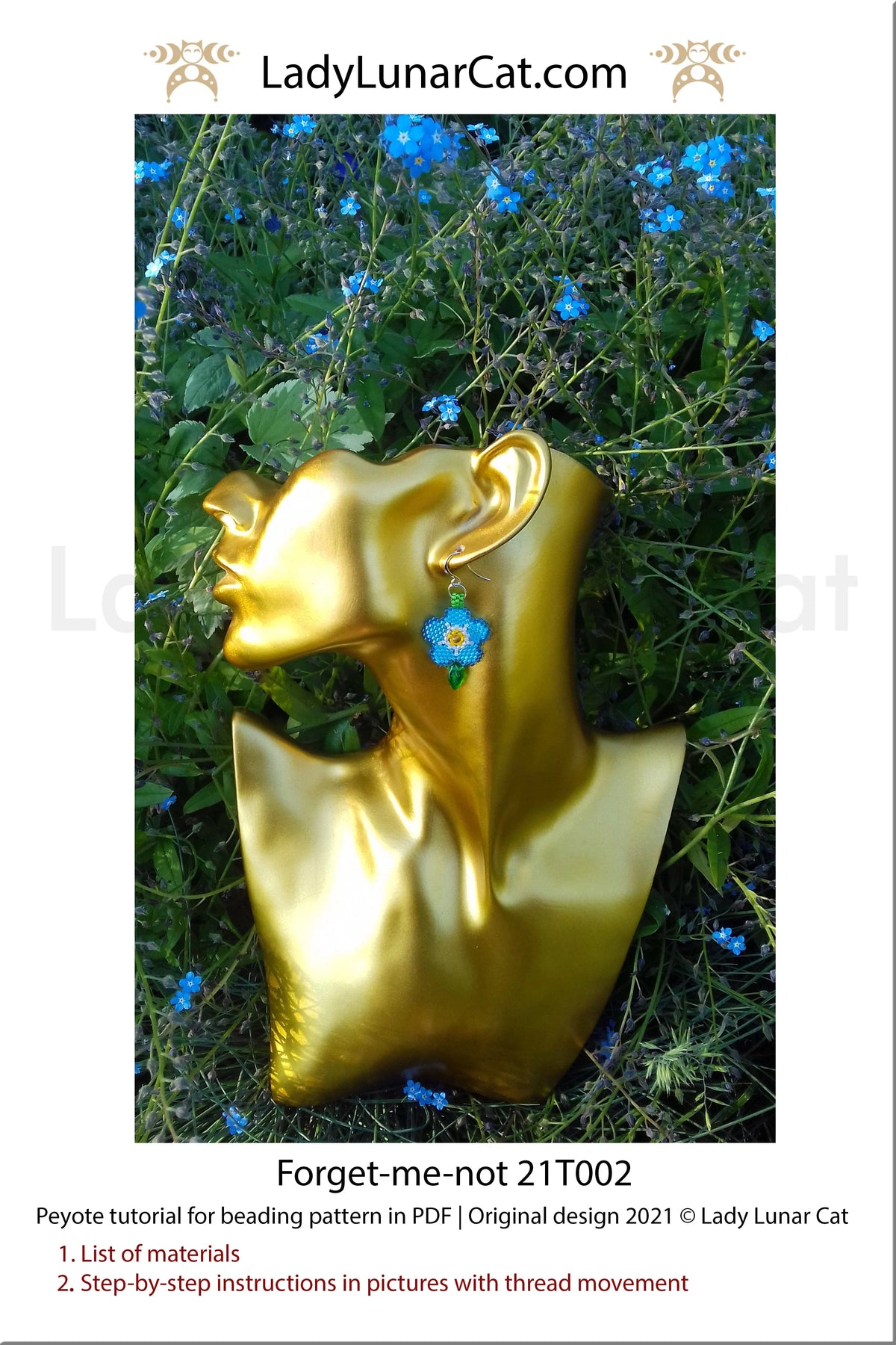 Forget-me-not beaded earring step by step - tutorial photos and text PDF LadyLunarCat