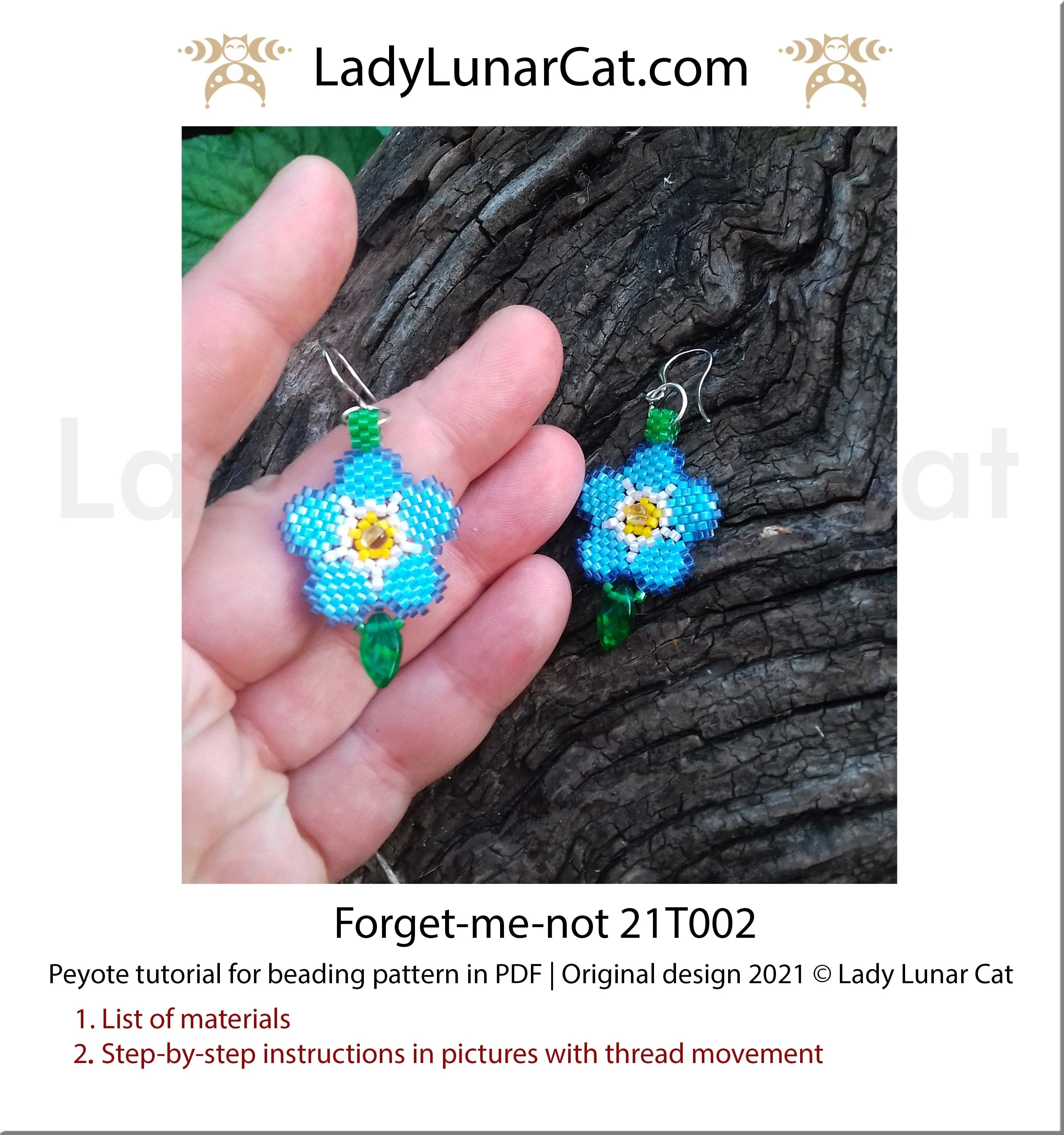 Forget-me-not peyote earring tutorial - spring blue floral beginner PDF LadyLunarCat