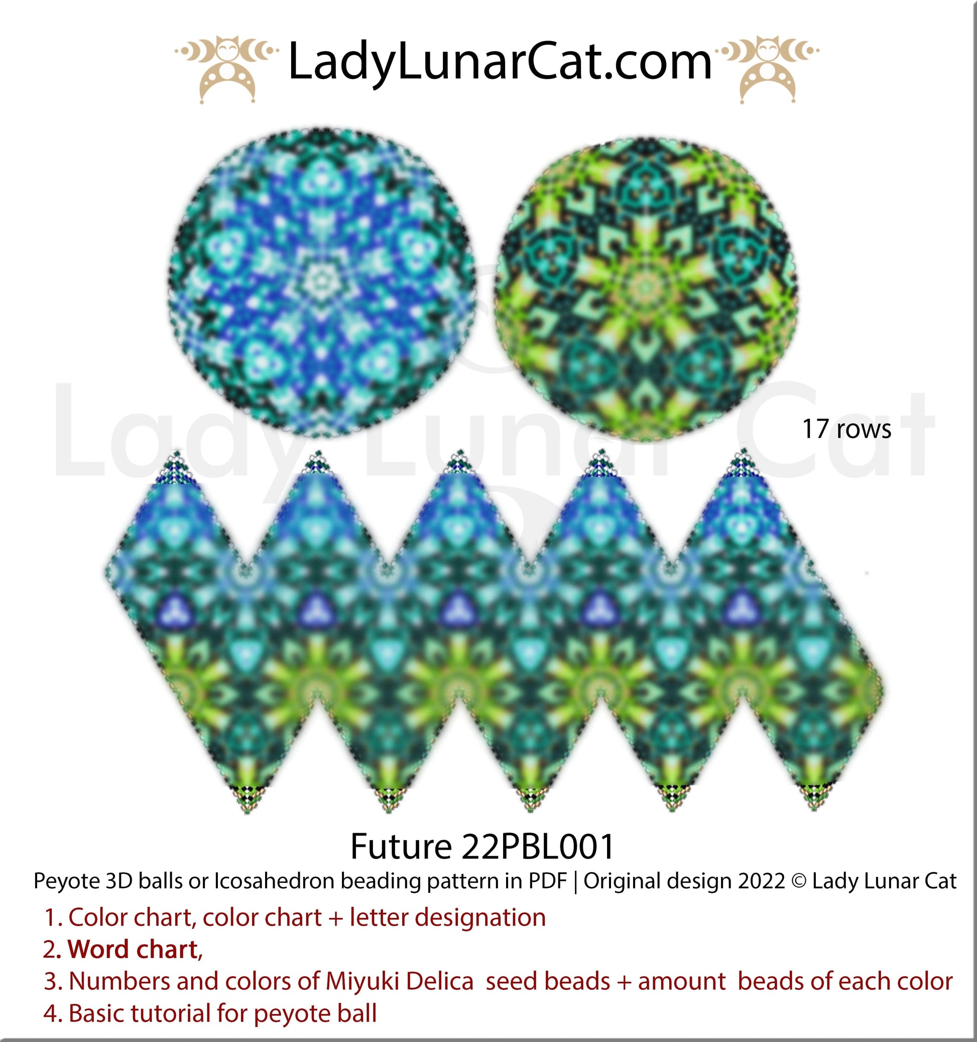Peyote 3d ball pattern for beading | Beaded Icosahedron Future 22PBL001 17 rows LadyLunarCat