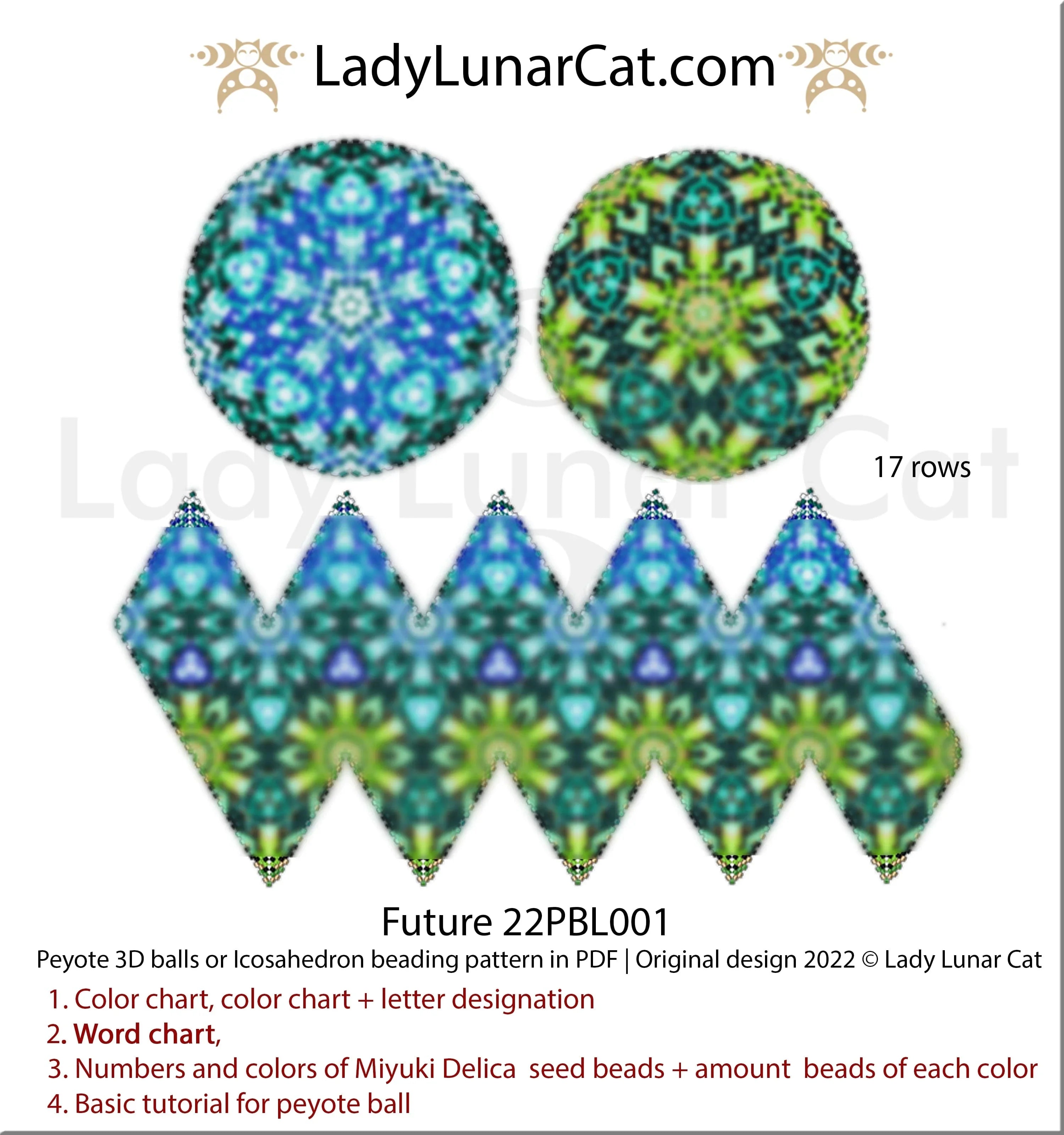 Future peyote icosahedron ball — 11 colors, 17 rows, technology nature harmony, Miyuki Delica 11/0