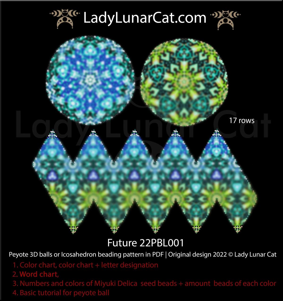 Future peyote 3D ball pattern PDF by Lady Lunar Cat — icosahedron 11 colors 22PBL001
