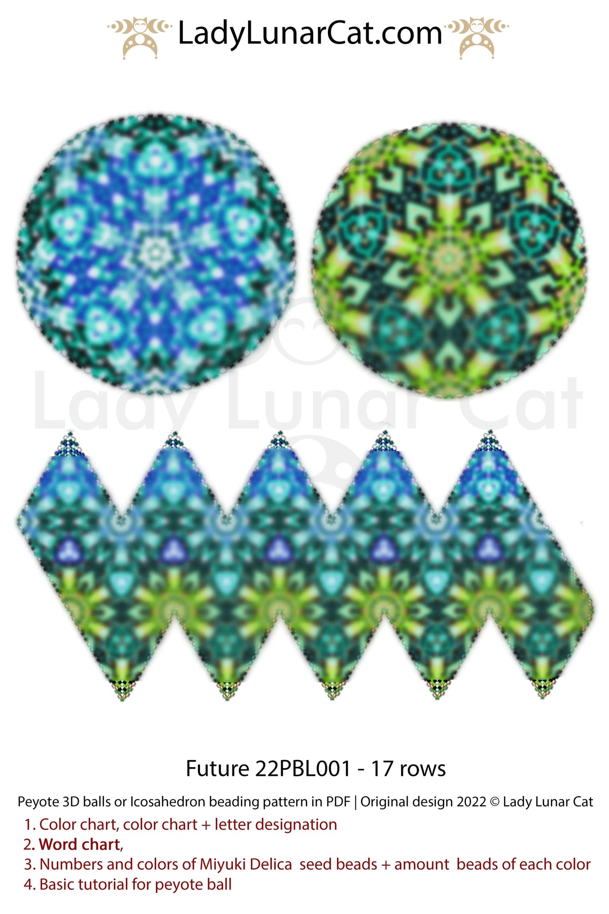 Lady Lunar Cat future peyote 3D ball — icosahedron beading PDF 22PBL001