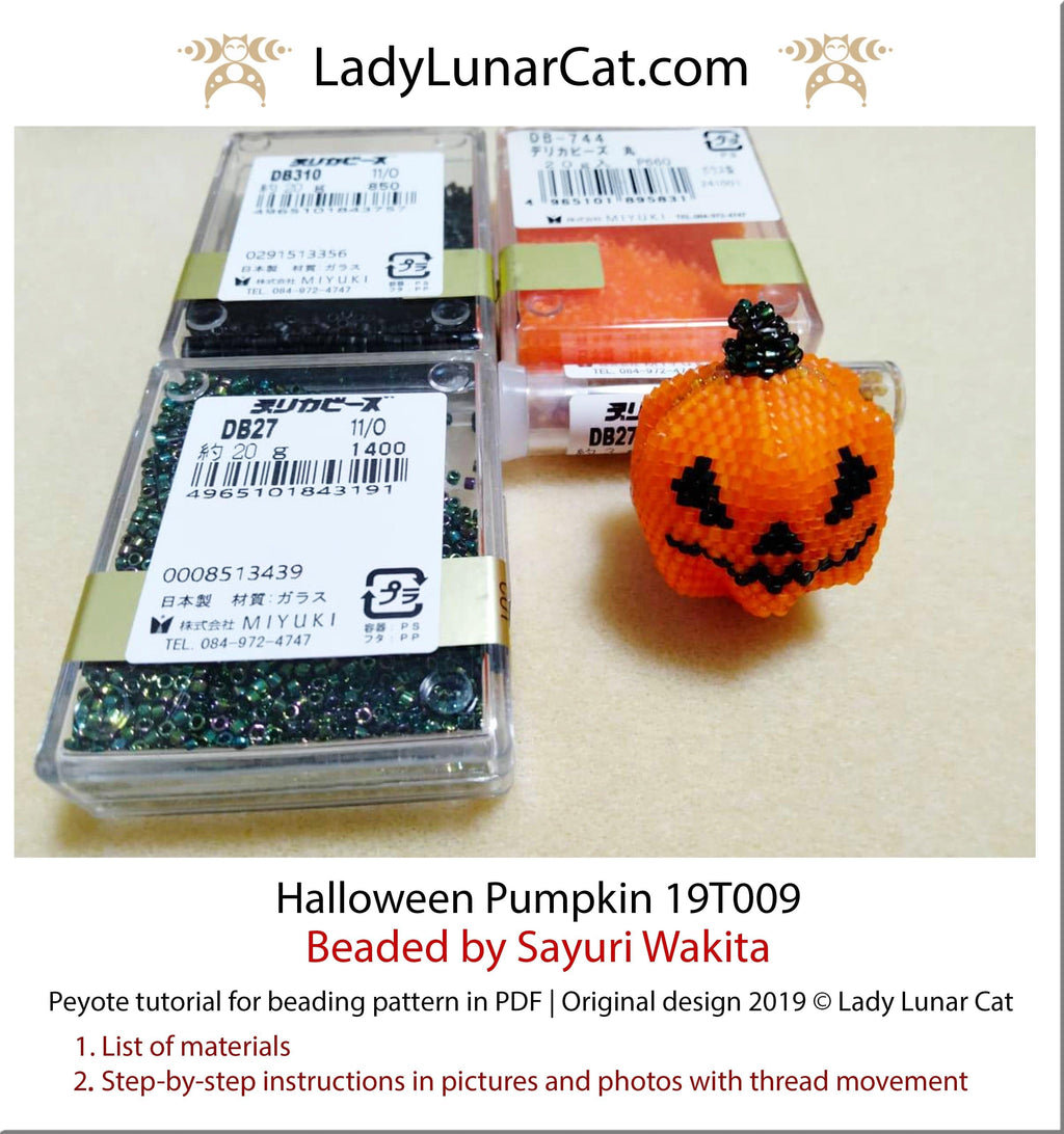 Beading tutorial for 3d peyote pod Pumpkin Halloween 19PT009 LadyLunarCat