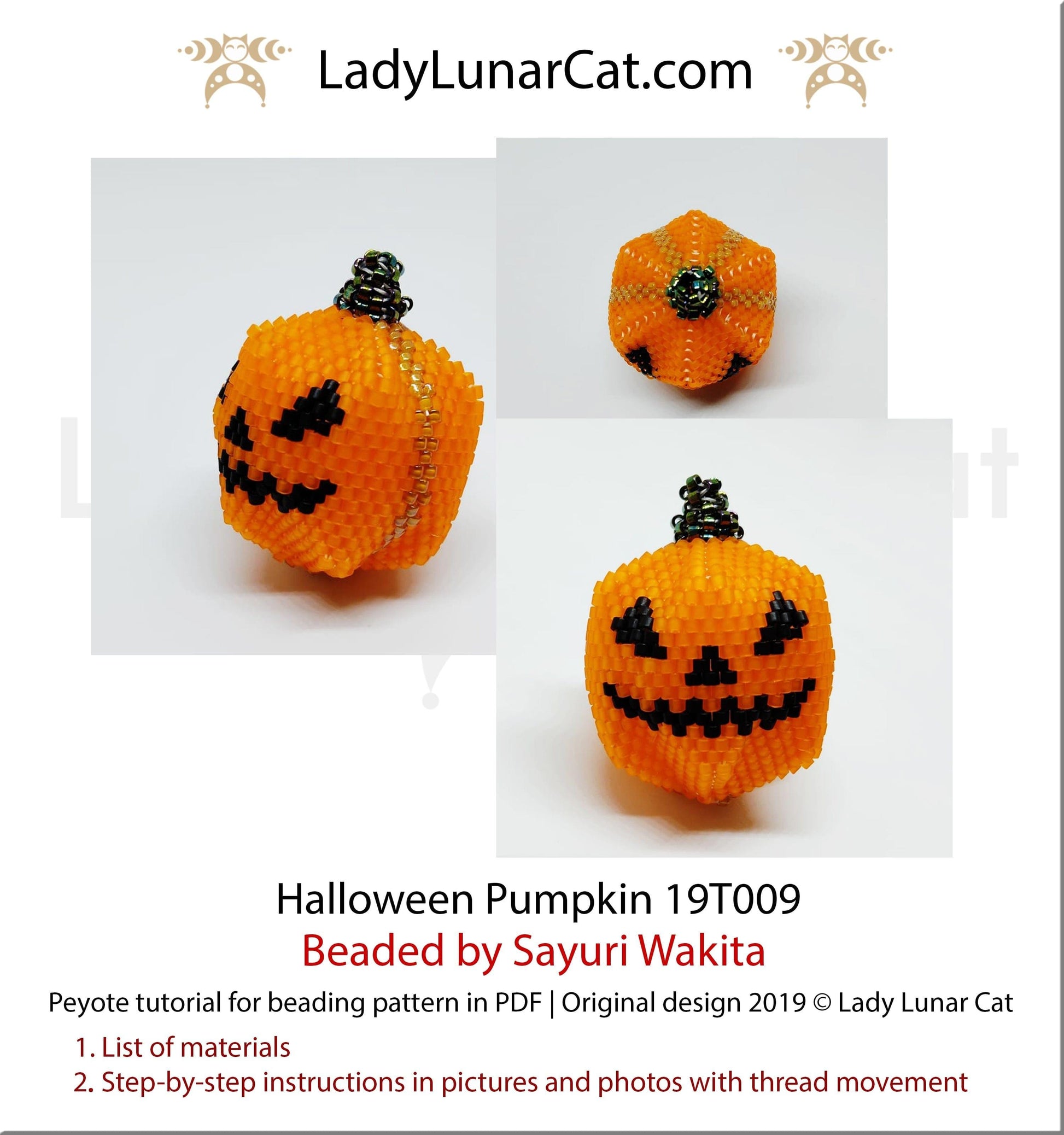 Beading tutorial for 3d peyote pod Pumpkin Halloween 19PT009 LadyLunarCat