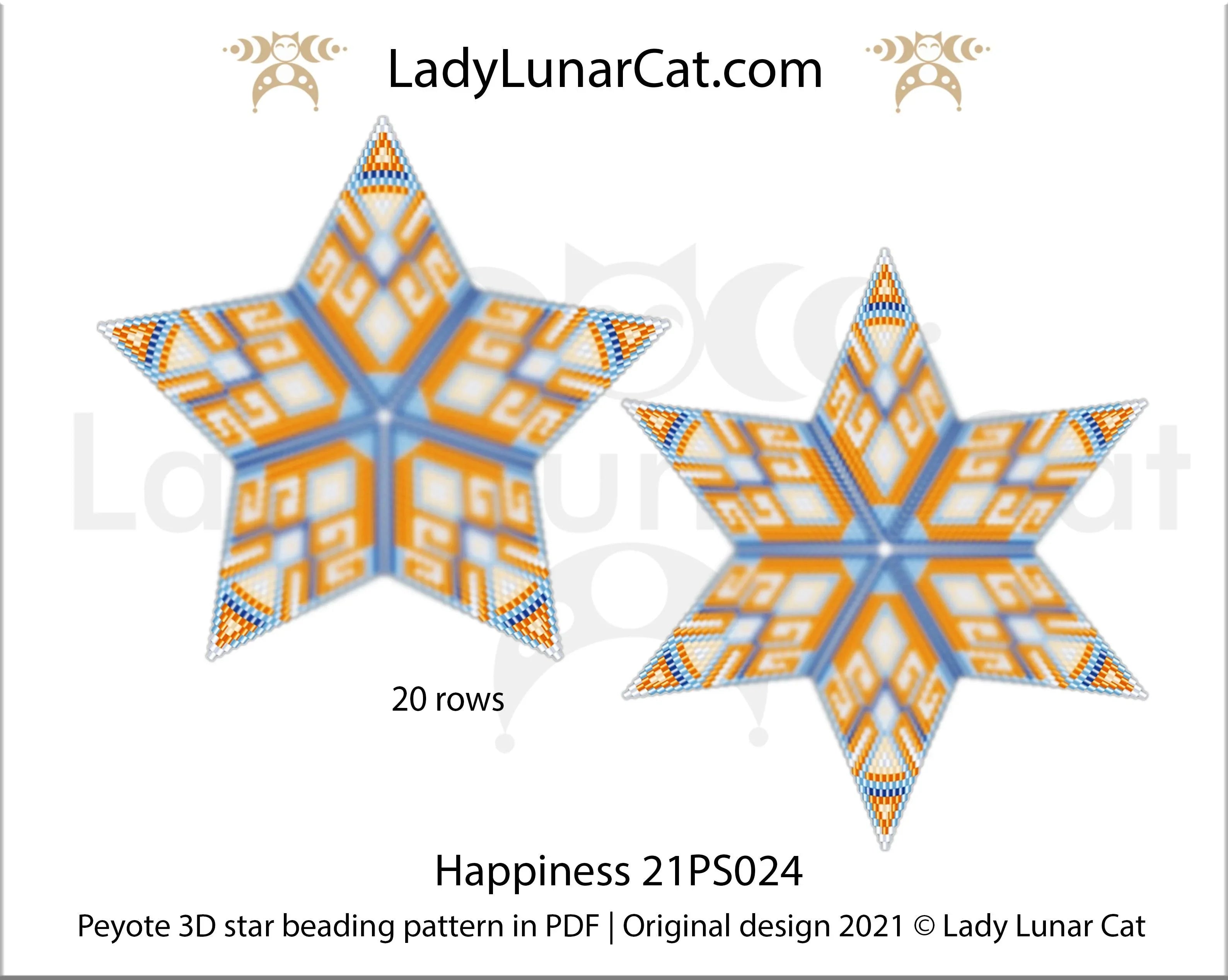 3D peyote star happiness — 21 corner rows, geometric blue orange, instant download