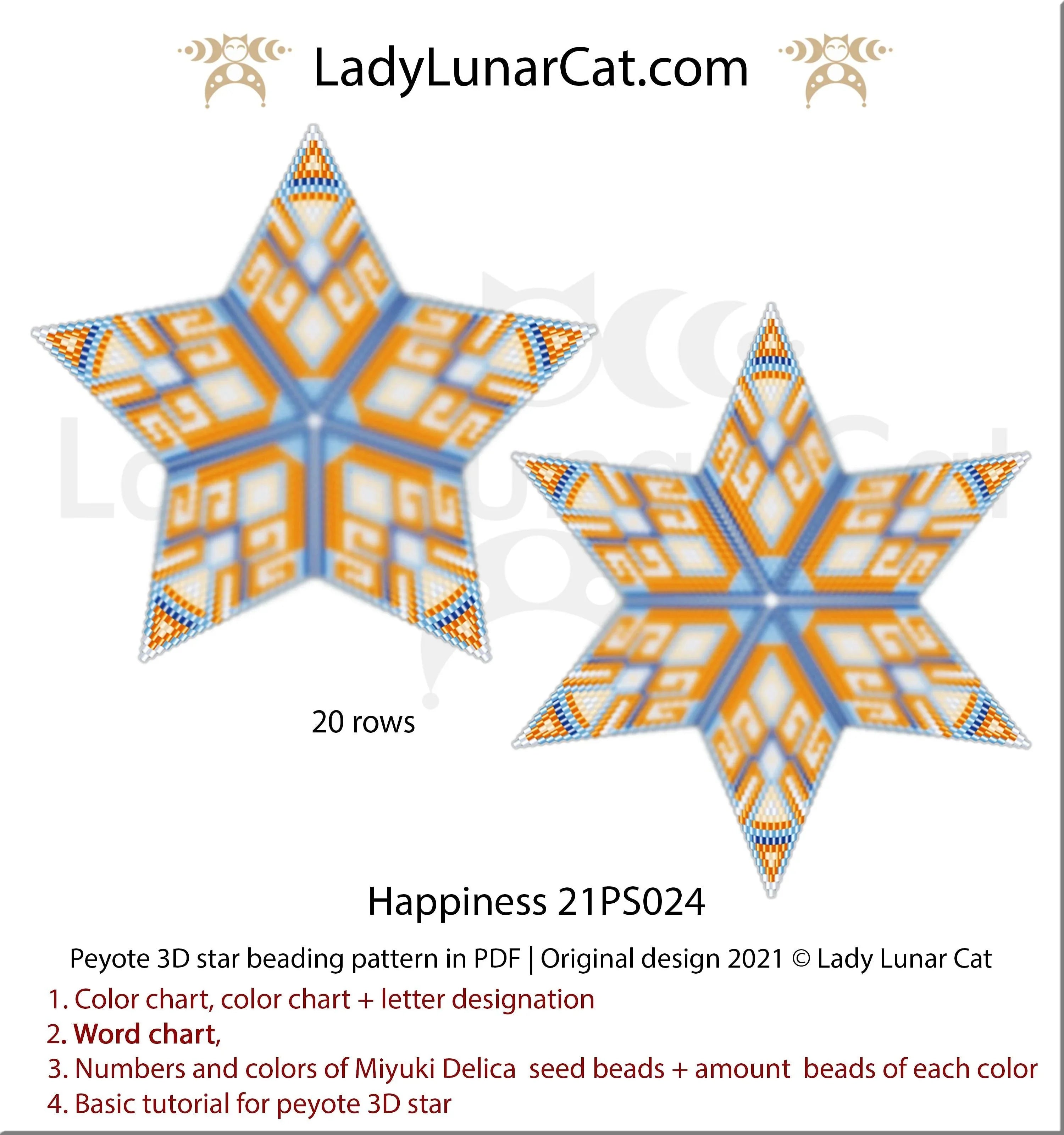 Happiness peyote star — 5 colors, blue & orange, 39-bead radius, Miyuki Delica 11/0