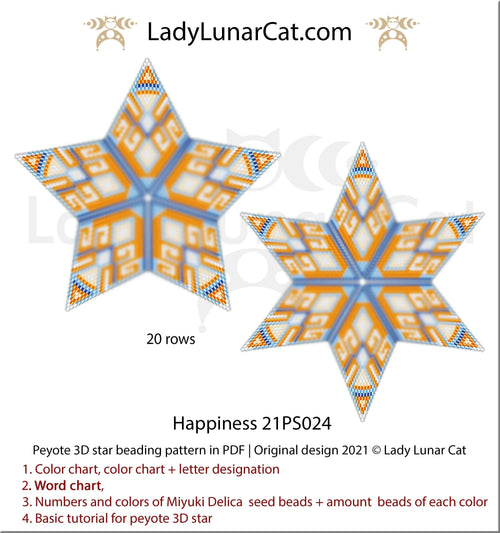 Happiness peyote star — 5 colors, blue & orange, 39-bead radius, Miyuki Delica 11/0