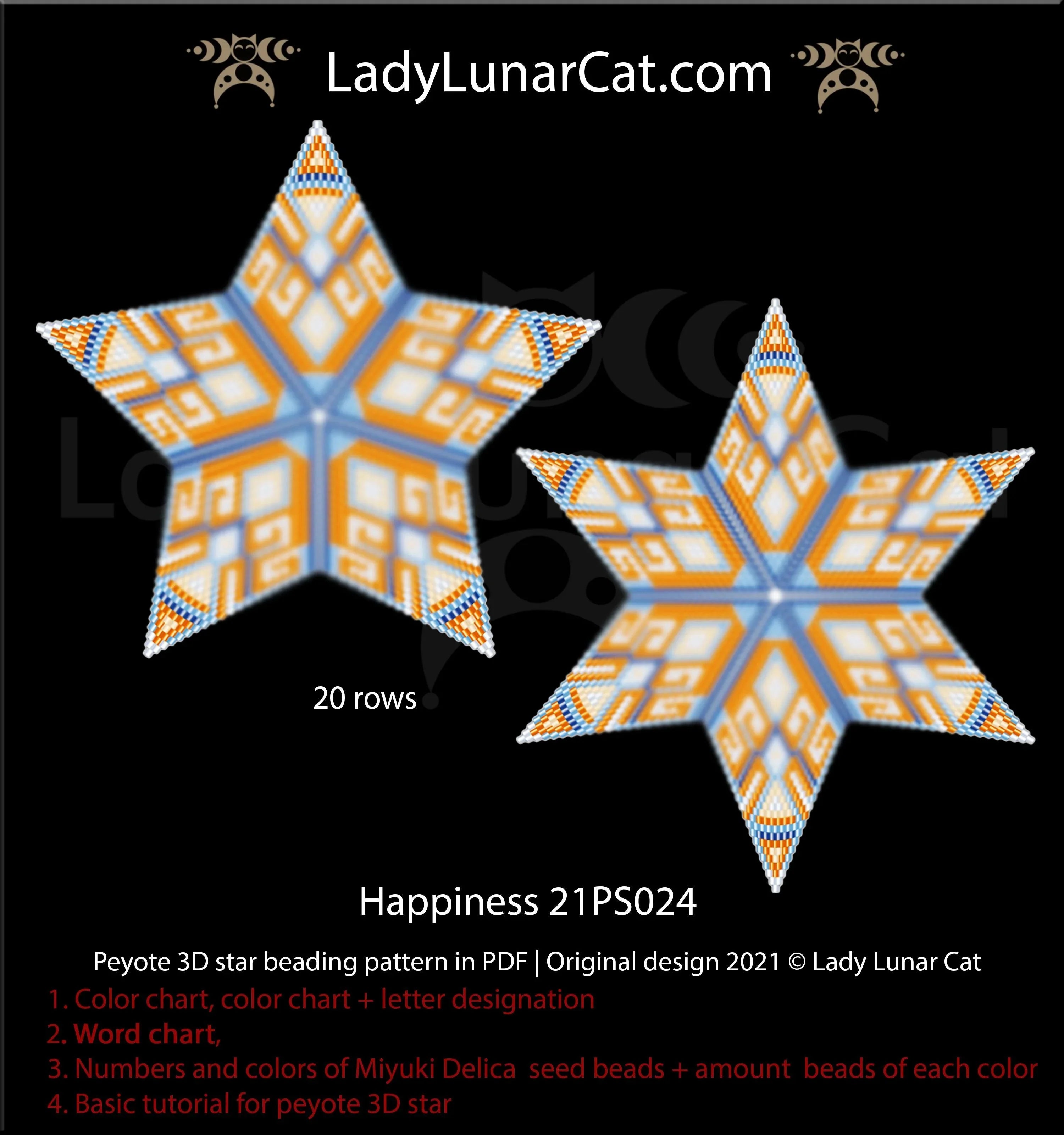 Happiness peyote star pattern PDF by Lady Lunar Cat — blue orange geometric 21PS024