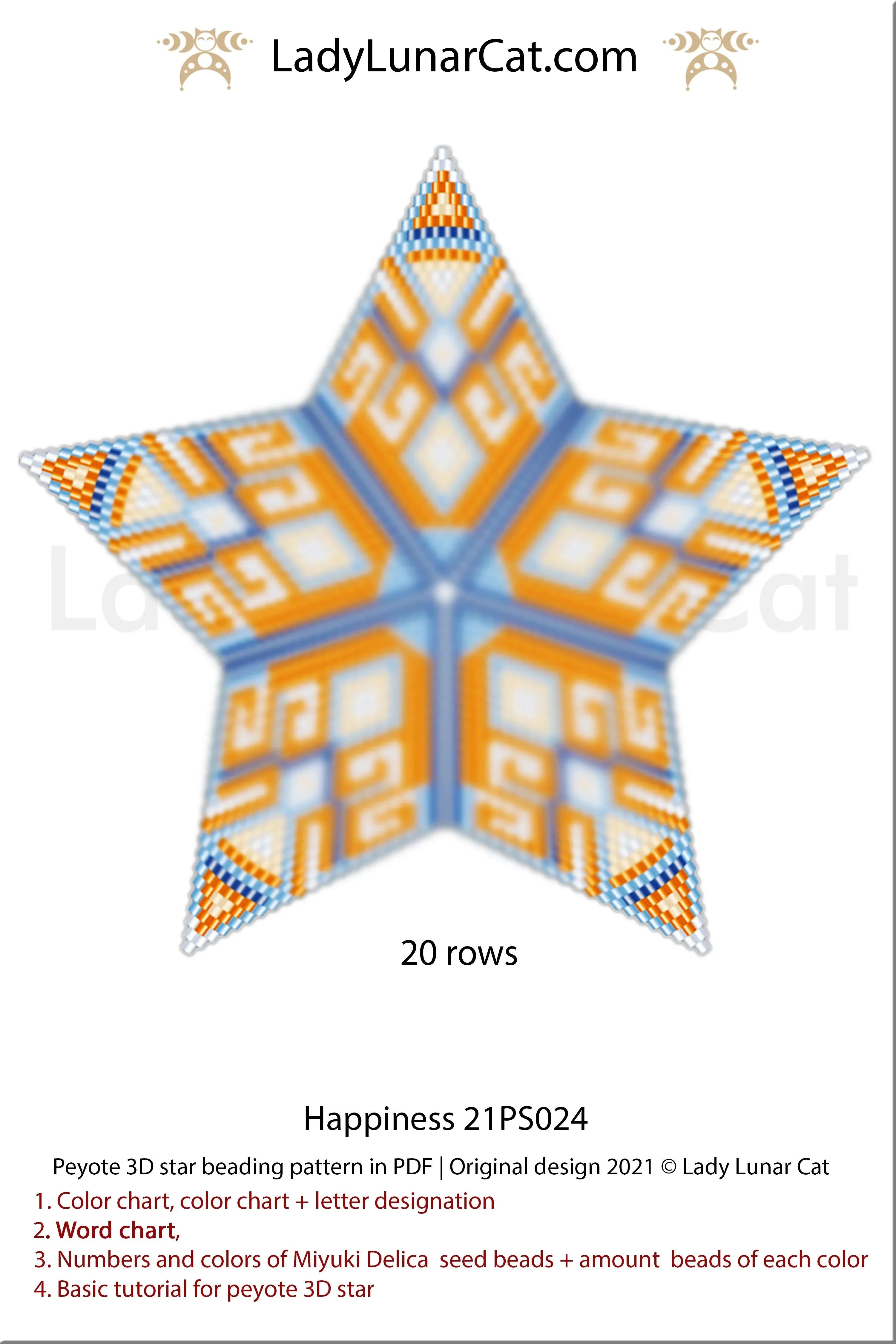 Happiness peyote star beading pattern preview — 5 colors, blue orange included