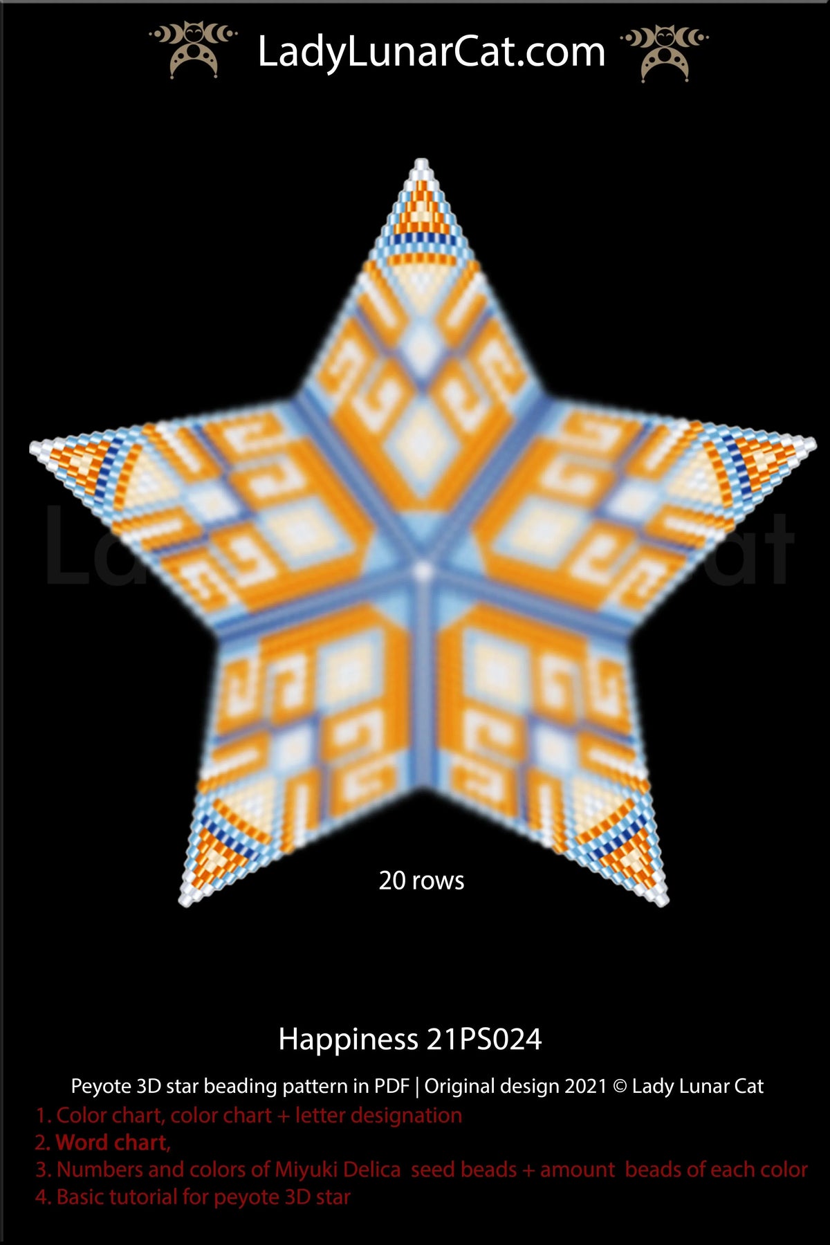 Lady Lunar Cat happiness peyote star — blue orange geometric beading PDF 21PS024