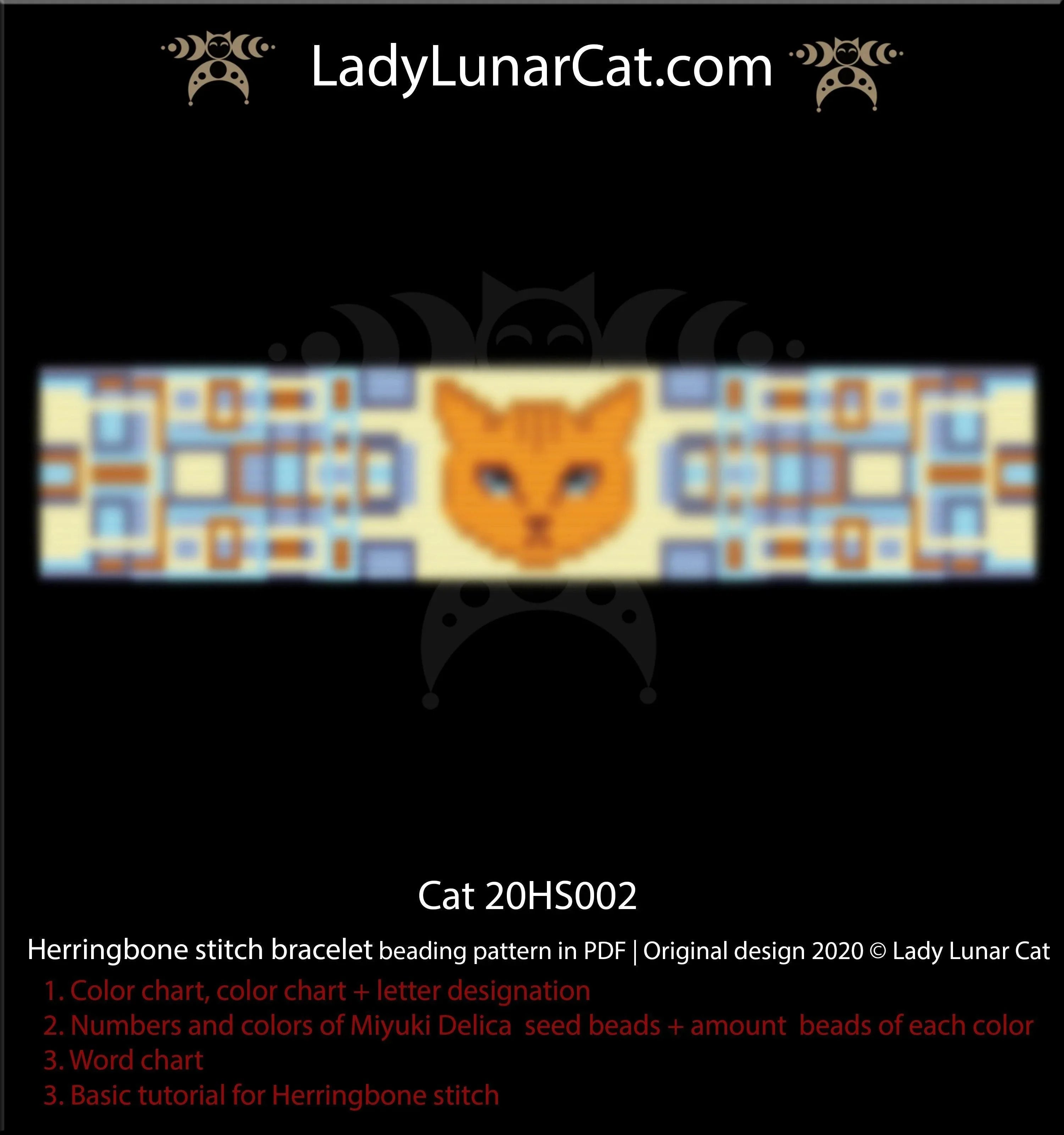 Ginger cat herringbone stitch bracelet beading pattern — 6 colors, Miyuki Delica 11/0