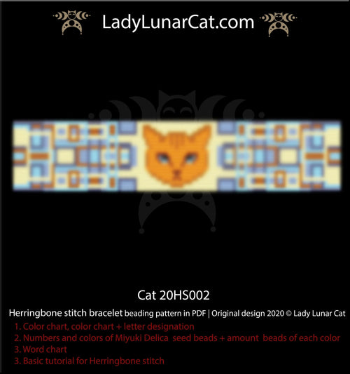 Ginger cat herringbone stitch bracelet beading pattern — 6 colors, Miyuki Delica 11/0