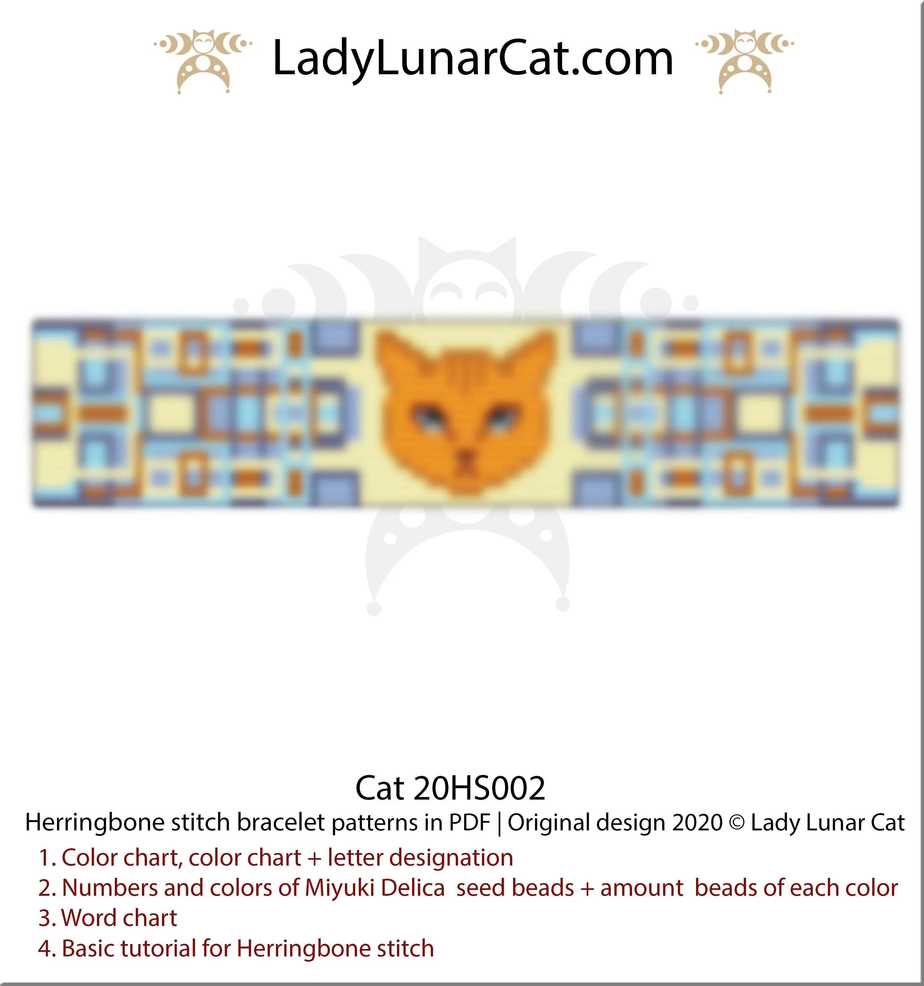 Herringbone bracelet pattern cat — 119×20 beads, blue-eyed ginger cat, instant download