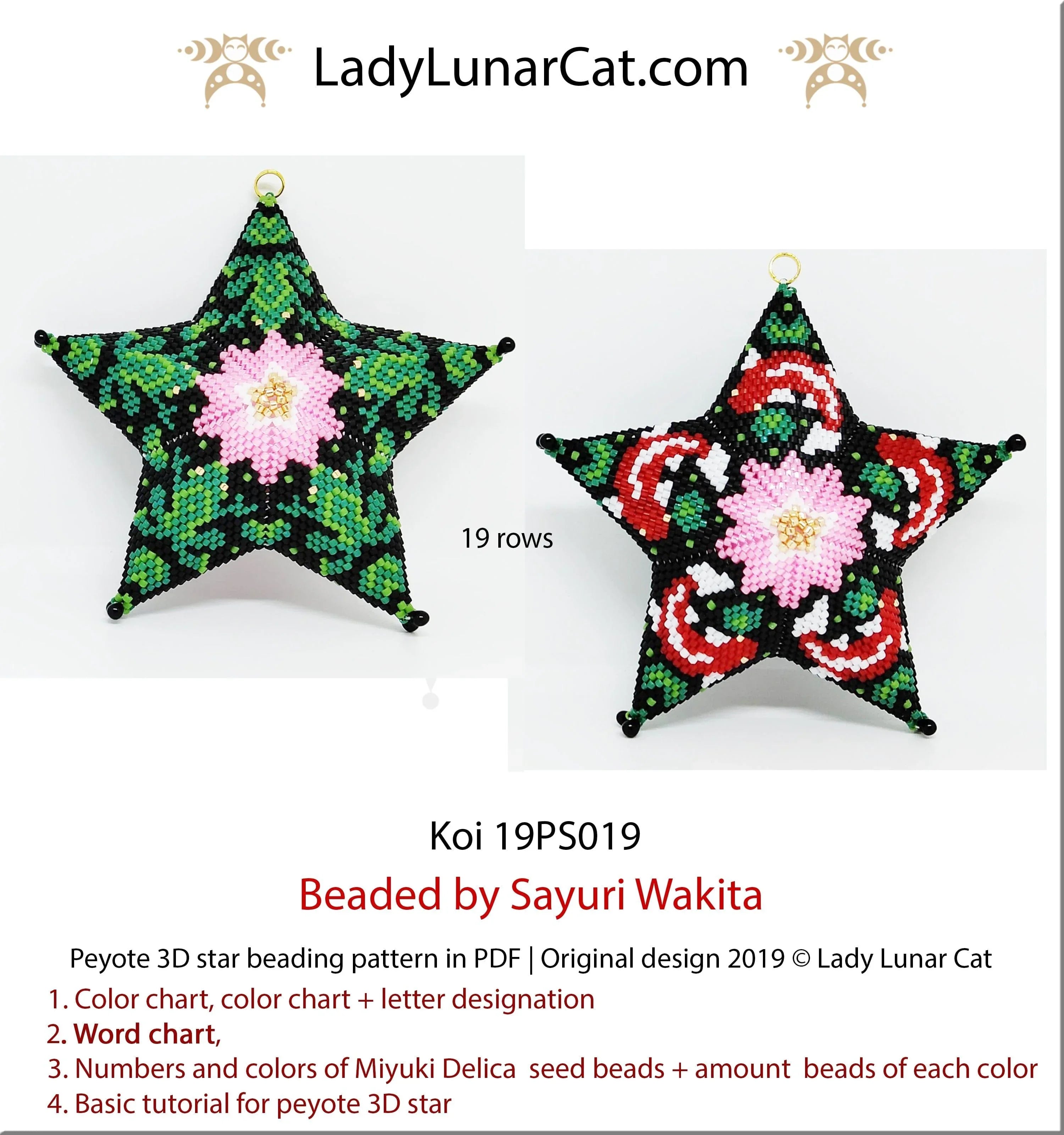 Koi fish and frogs peyote star - 37 beads 3 colorways 8/7/8 colors nature PDF LadyLunarCat