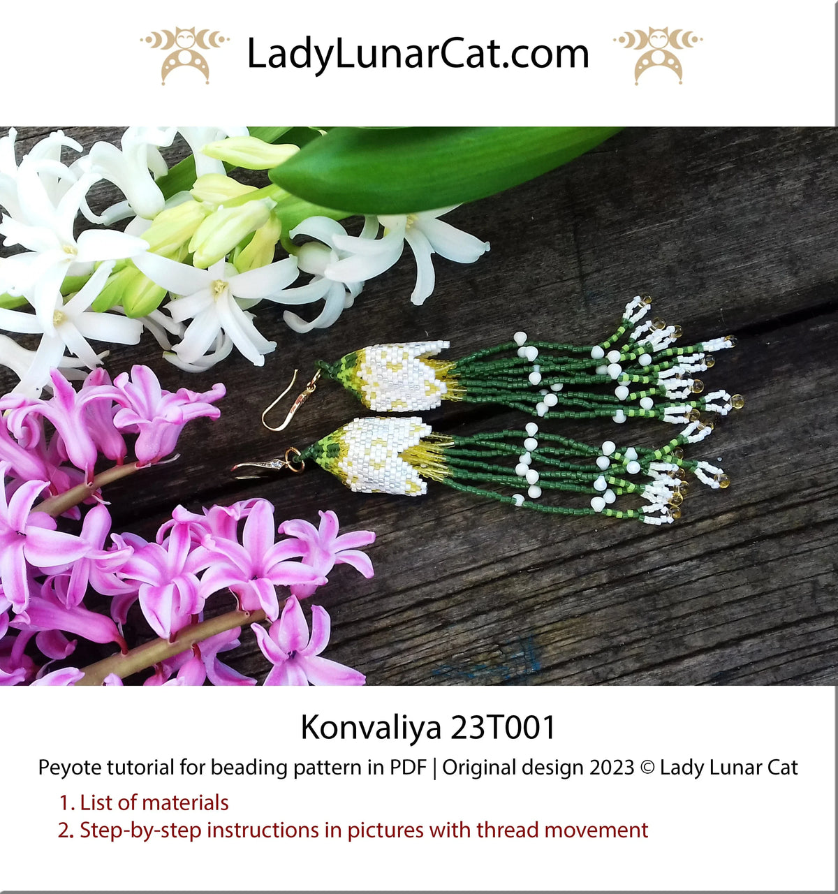 Konvaliya beaded earring pattern - lily of the valley 6 colors beginner PDF LadyLunarCat