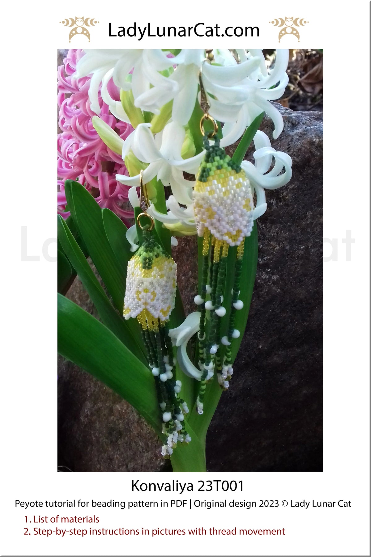 Konvaliya beaded earrings full length - spring floral fringe earring design LadyLunarCat
