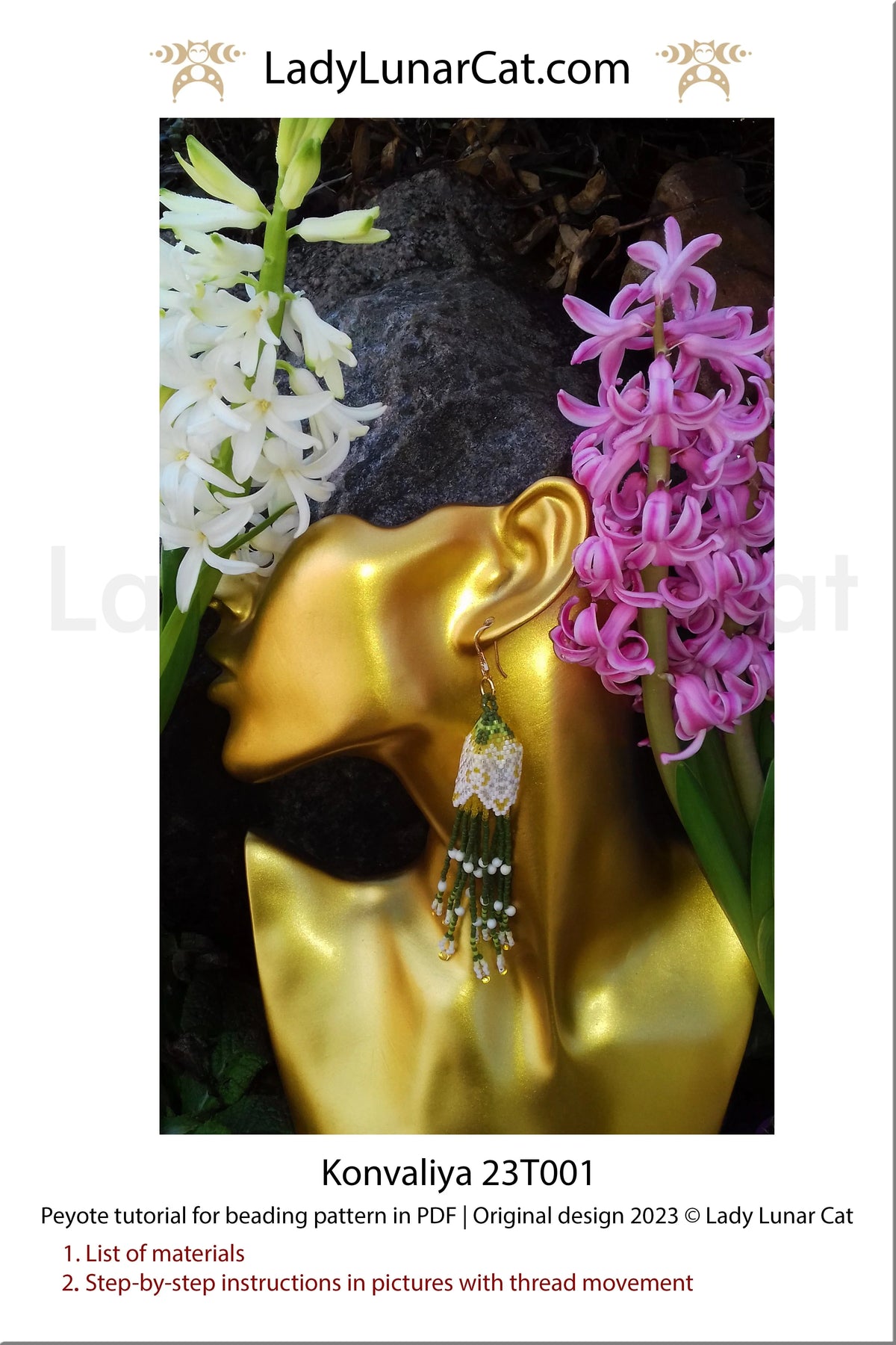 Konvaliya lily of the valley earrings - finished pair spring beading PDF LadyLunarCat