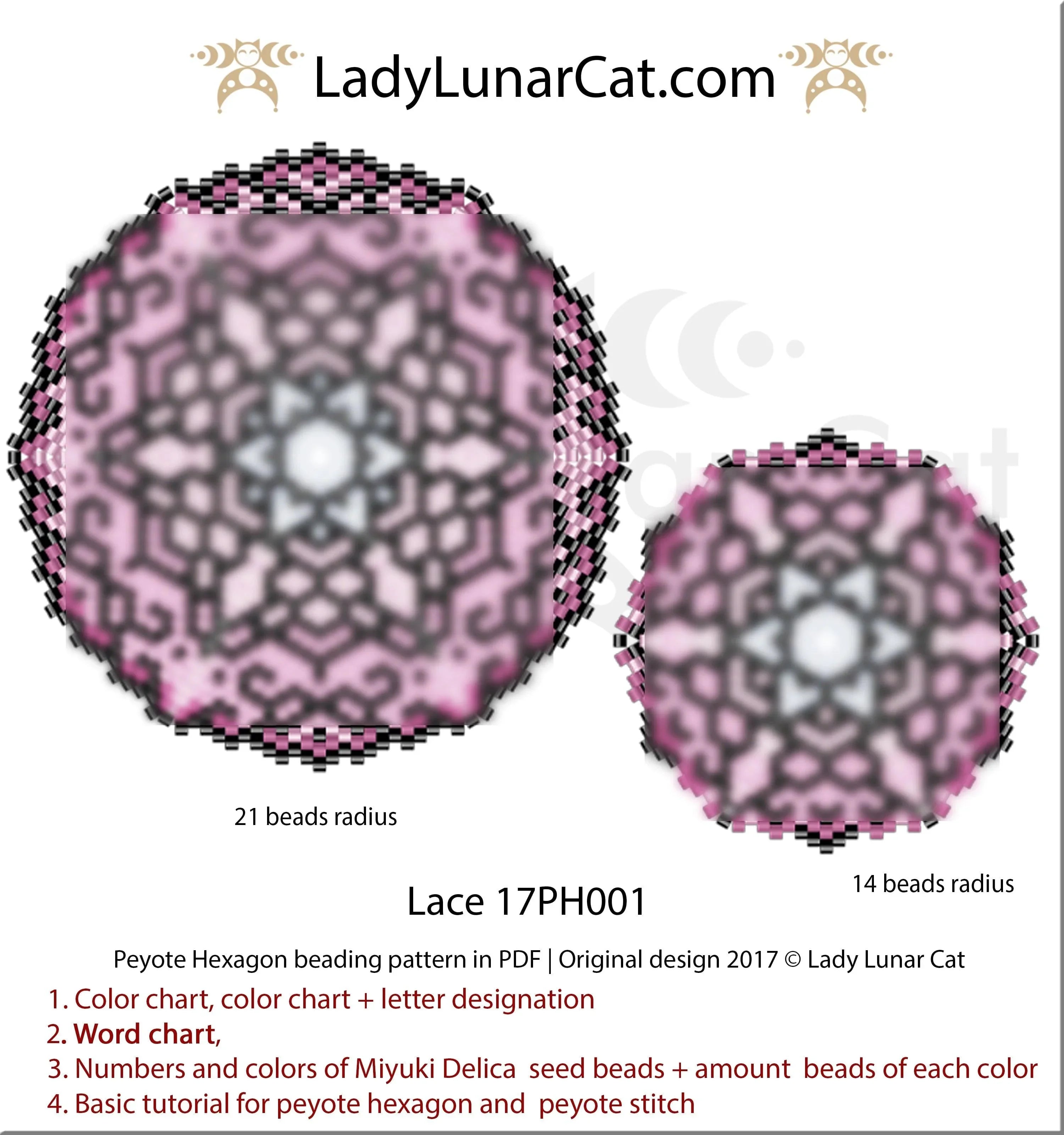 Lace peyote hexagon pattern PDF by Lady Lunar Cat — 2 sizes statement pendant 17PH001