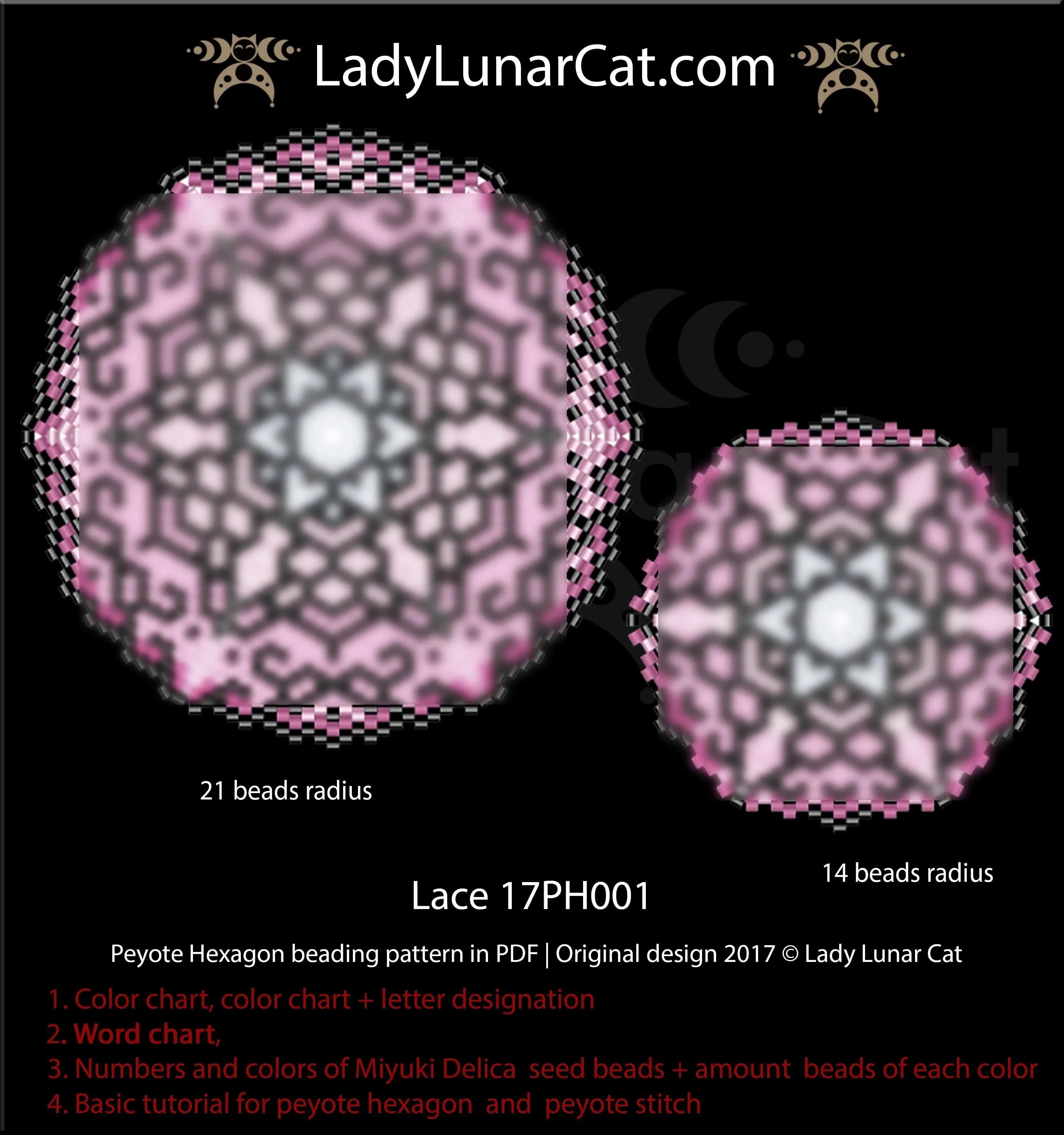 Elegant lace peyote hexagon — 2 sizes, 5 colors each, Valentine's Day, Miyuki Delica 11/0