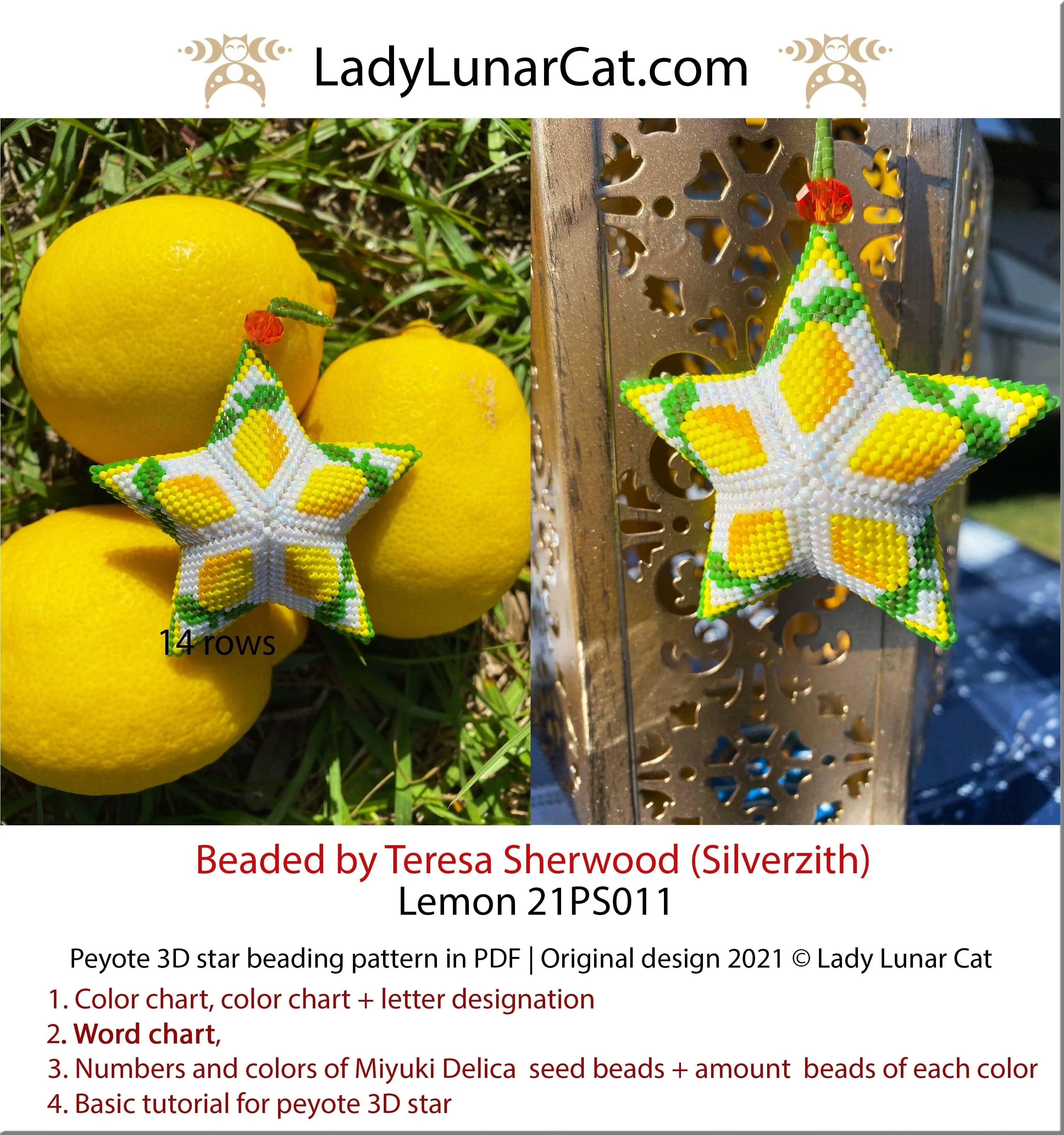 Lemon peyote star pattern by Lady Lunar Cat — small fruit summer bag charm beading PDF 21PS011