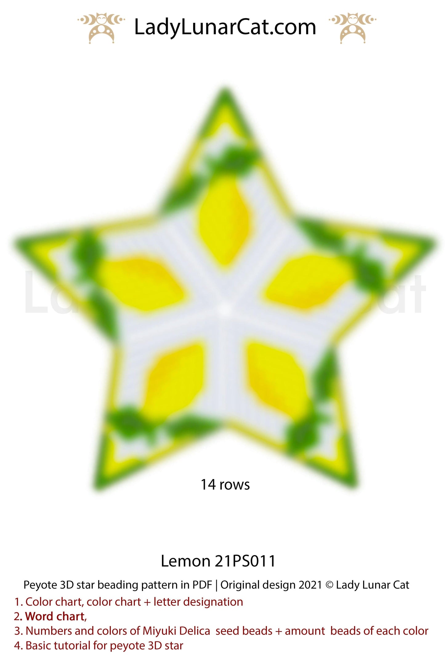 Beaded star pattern - Lemon 21PS011 | Seed beads tutorial for 3D peyote star LadyLunarCat
