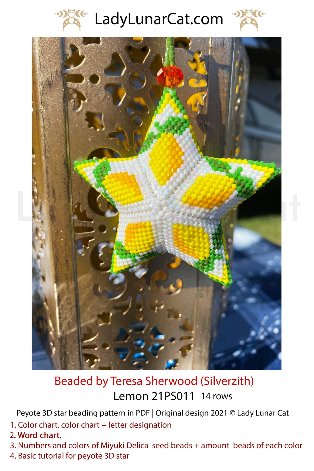 Beaded star pattern - Lemon 21PS011 | Seed beads tutorial for 3D peyote star LadyLunarCat